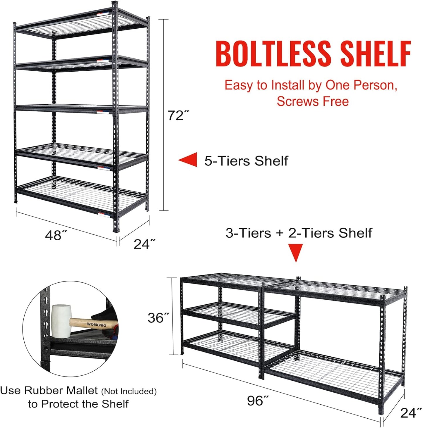 WORKPRO 5-Tier Metal Storage Shelving Unit, 48”W x 24”D x 72”H, Adjustable Storage Rack Heavy Duty Shelf, 4000 lbs Load Capacity (Total), for Garage, Kitchen, Bathroom, Warehouse, Black/Sliver