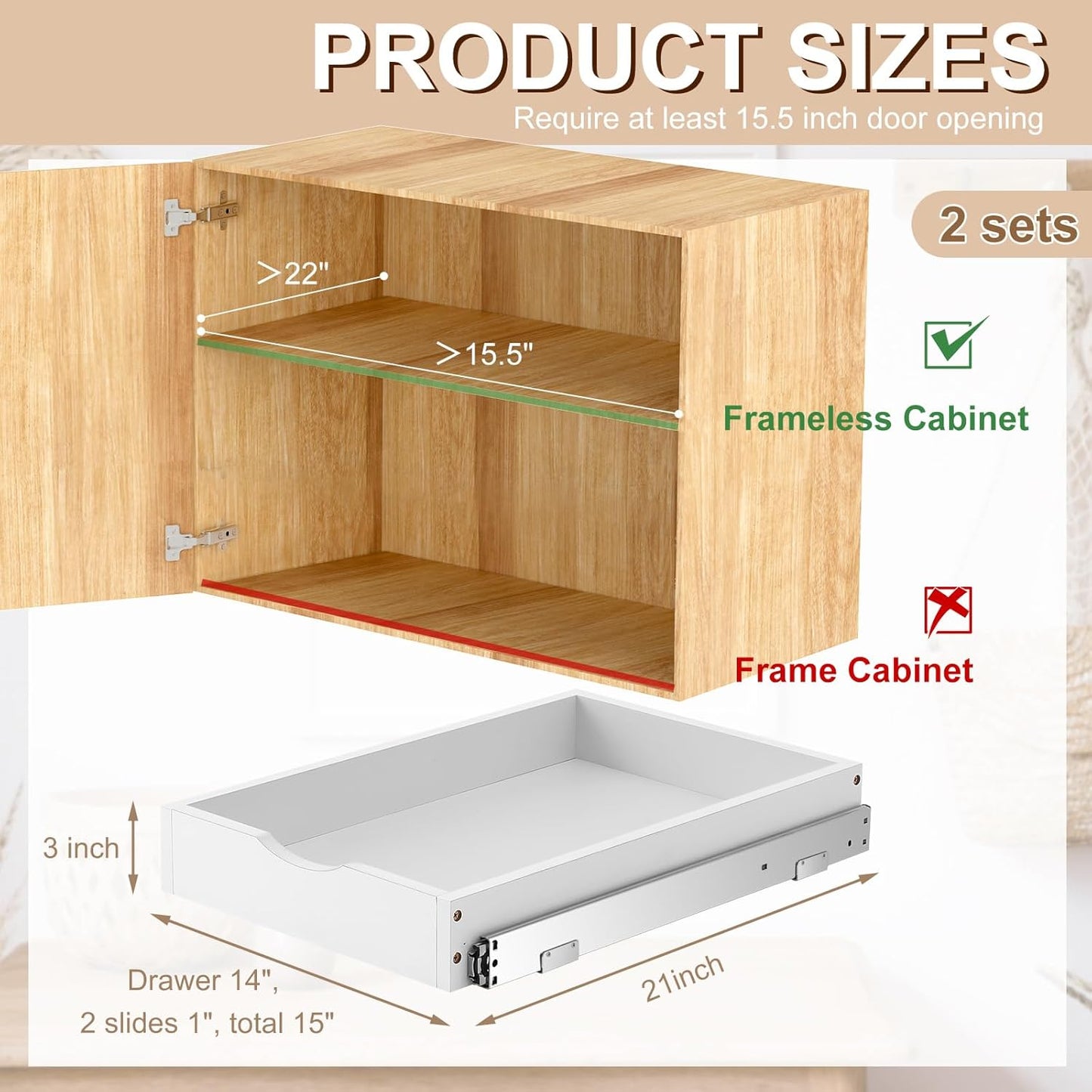 Menkxi 2 Set Pull out Tray Cabinet Organizer Wooden Pull Drawers storage Slide out Pantry Shelf for Base Cabinet Kitchen Gentle Close Fully Assembled Accessories(White,15'' X 21'' X 3'')