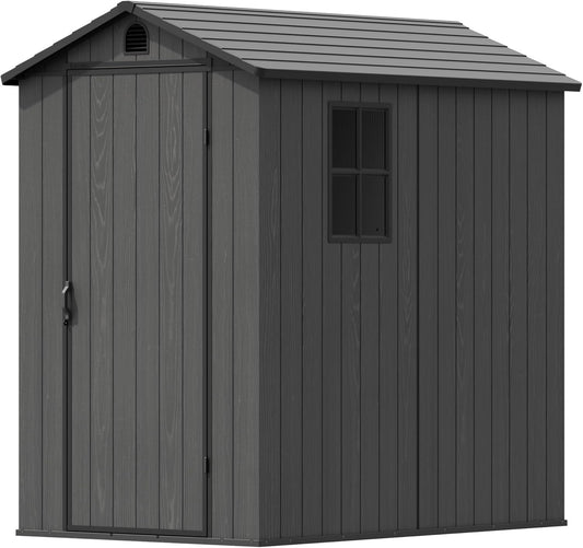 Devoko 4x6 FT Outdoor Storage Plastic Shed, Waterproof Resin Garden Shed with Lockable Door, Floor & Window, All-Weather Tool Shed for Backyard, Patio, Lawn, Poolside, Dark Gray