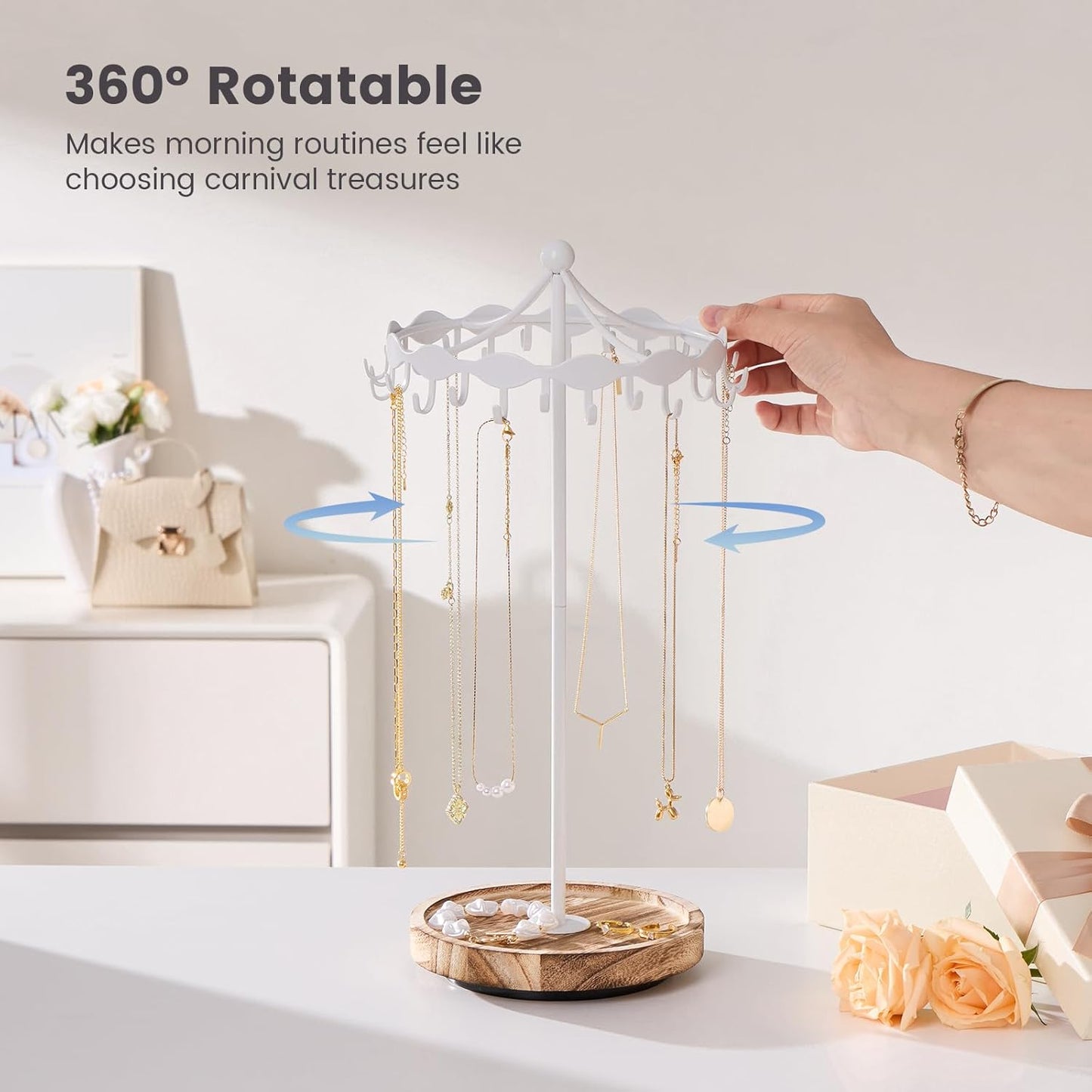 Lolalet Rotating Necklace Holder Stand with Metal Hooks, Spinning Display Carousels, Freestanding Organizer Hanger, for Long Necklaces Chains -White