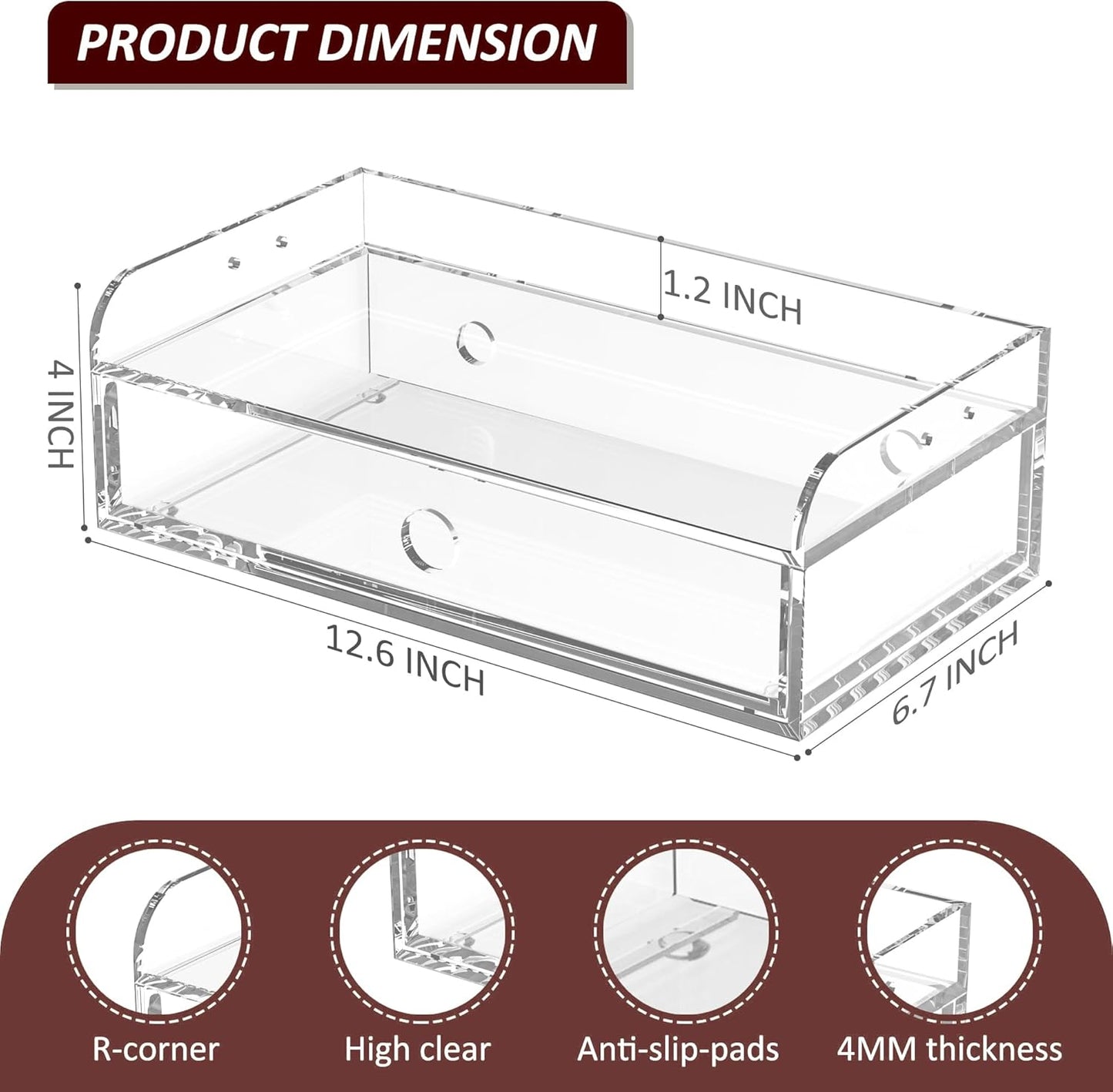 Acrylic Desk Organizer 12 "x 6.7" x 4", Clear Desktop Drawer Tabletop Storage Organization for Office Home Makeup Skincare Jewelry