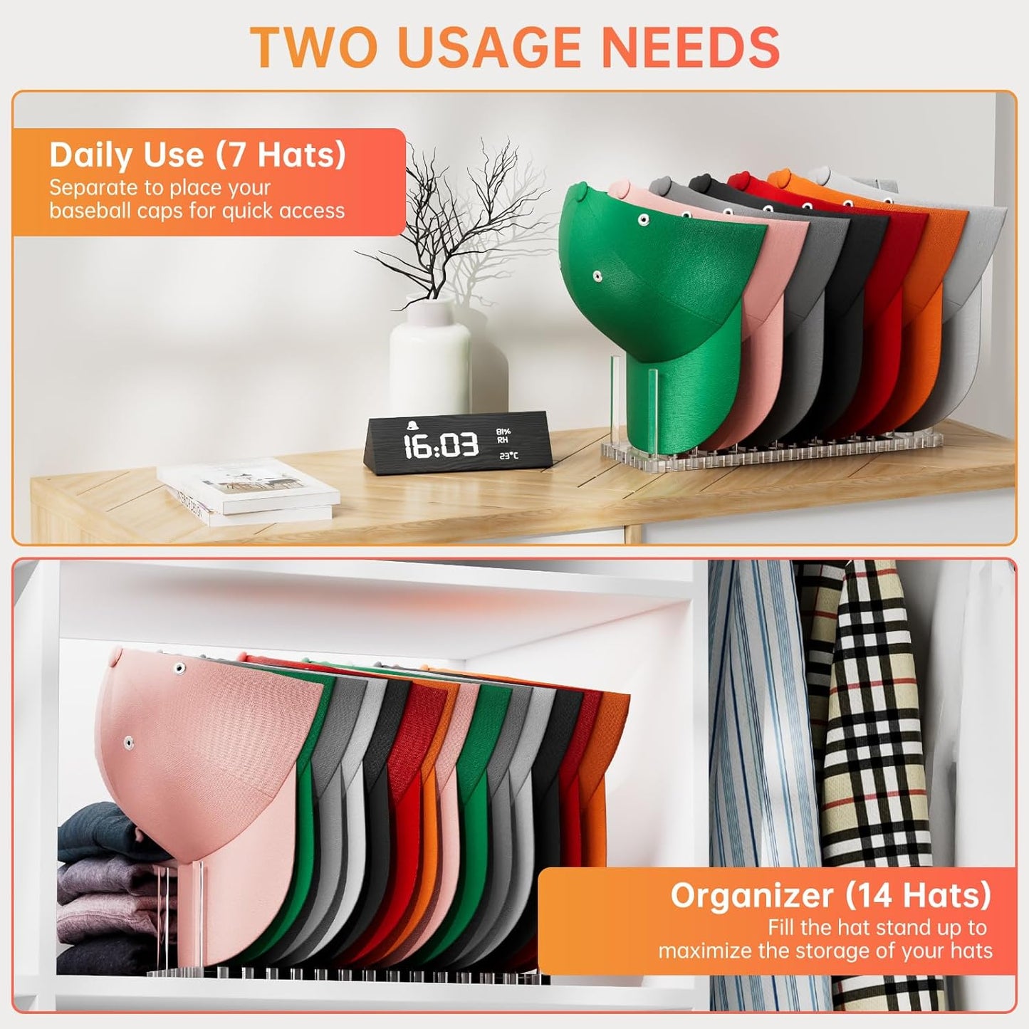 Kadolina Hat Organizer for Baseball Caps, Acrylic Hat Rack for 14 Baseball Caps, Hat Holder Display and Organizer for Closet, Tabletop, Dressing Table