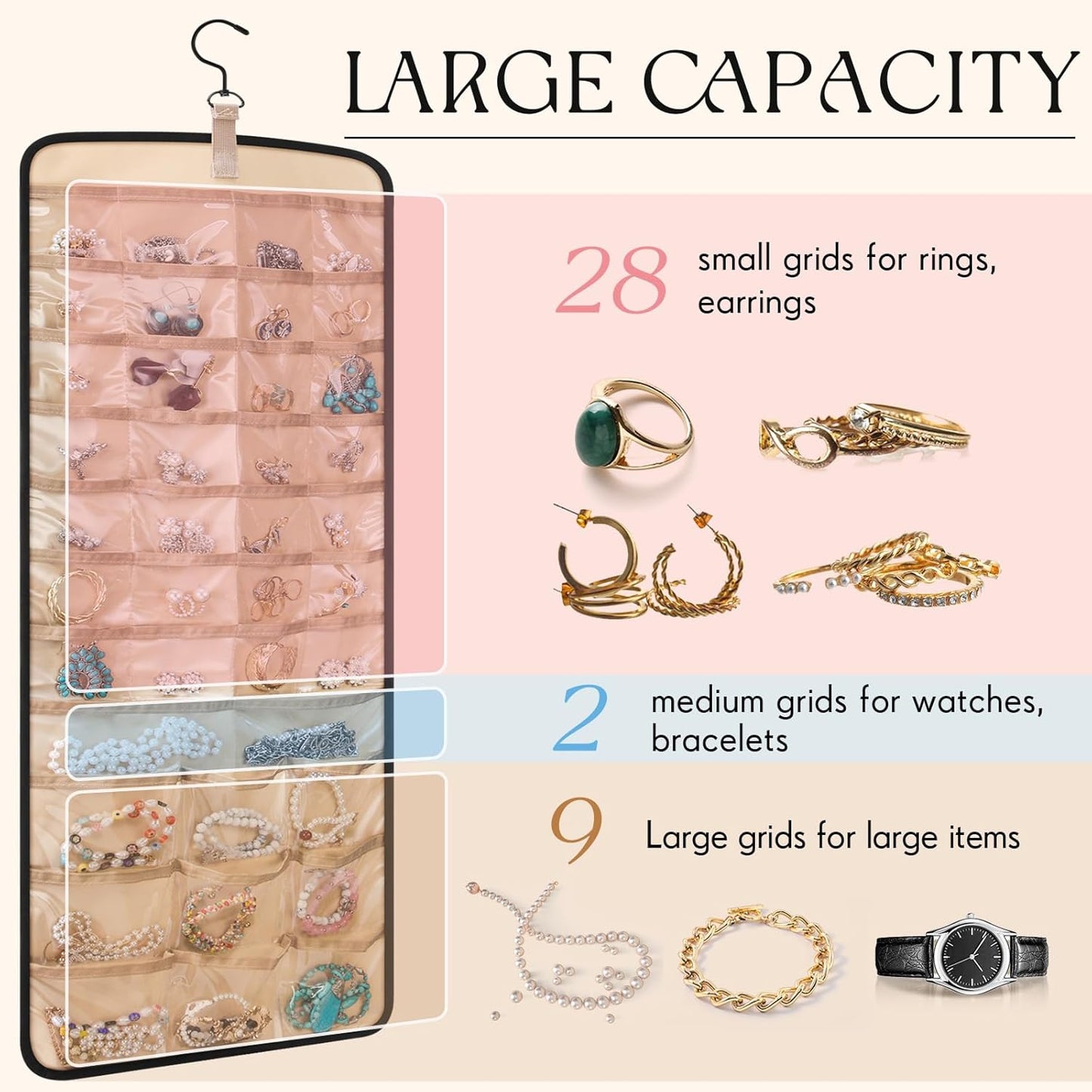 3 Pack Hanging Jewelry Organizer Storage with 39 Pockets, 30 Necklace Hooks Double Sided Wall Mount Earring Holder Organizer Bracelet Necklace Jewelry Display Hanger for Closet Door (Black)