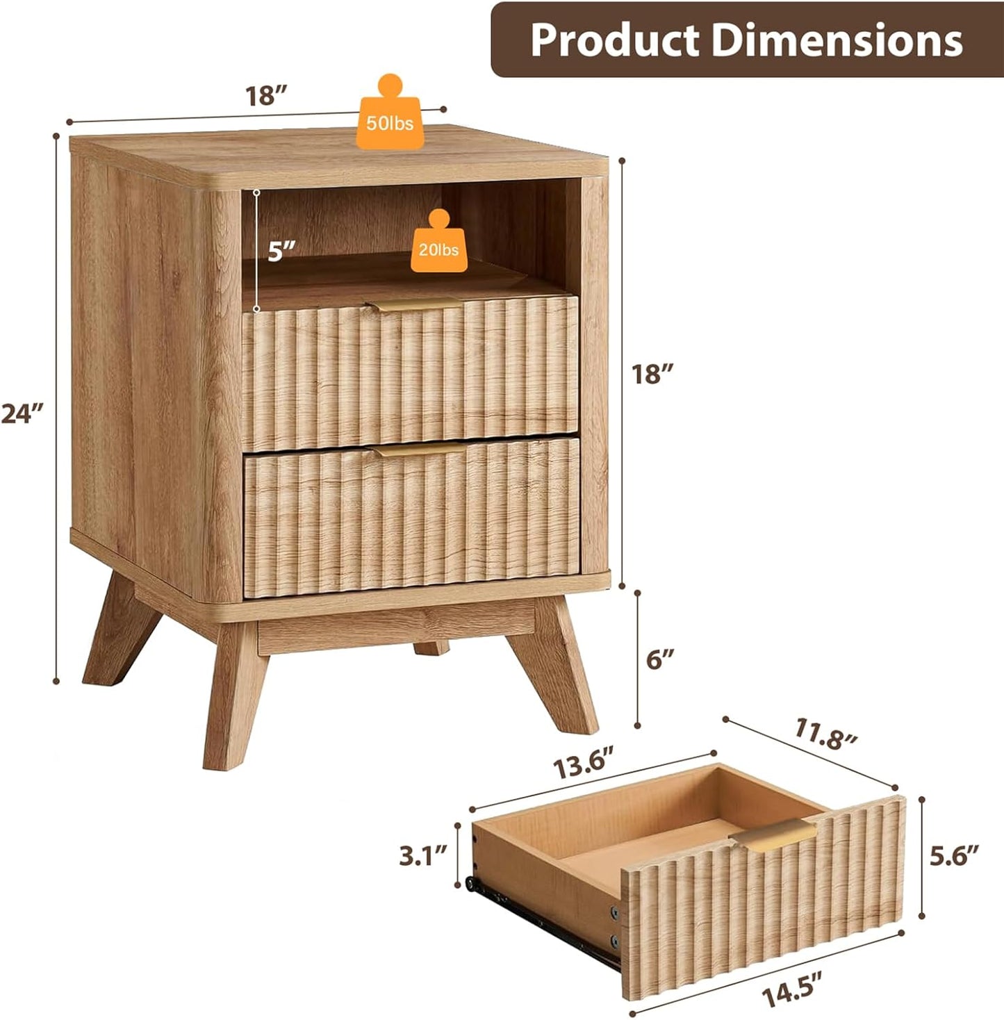Fluted Nightstand - 24" Modern Bedside Table w/ 2 Drawers, Wood Bed Side End Table with Open Shelf, Night Stand with Storage Drawer, Curved Design Night Stands for Bedroom Living Room (Nature)