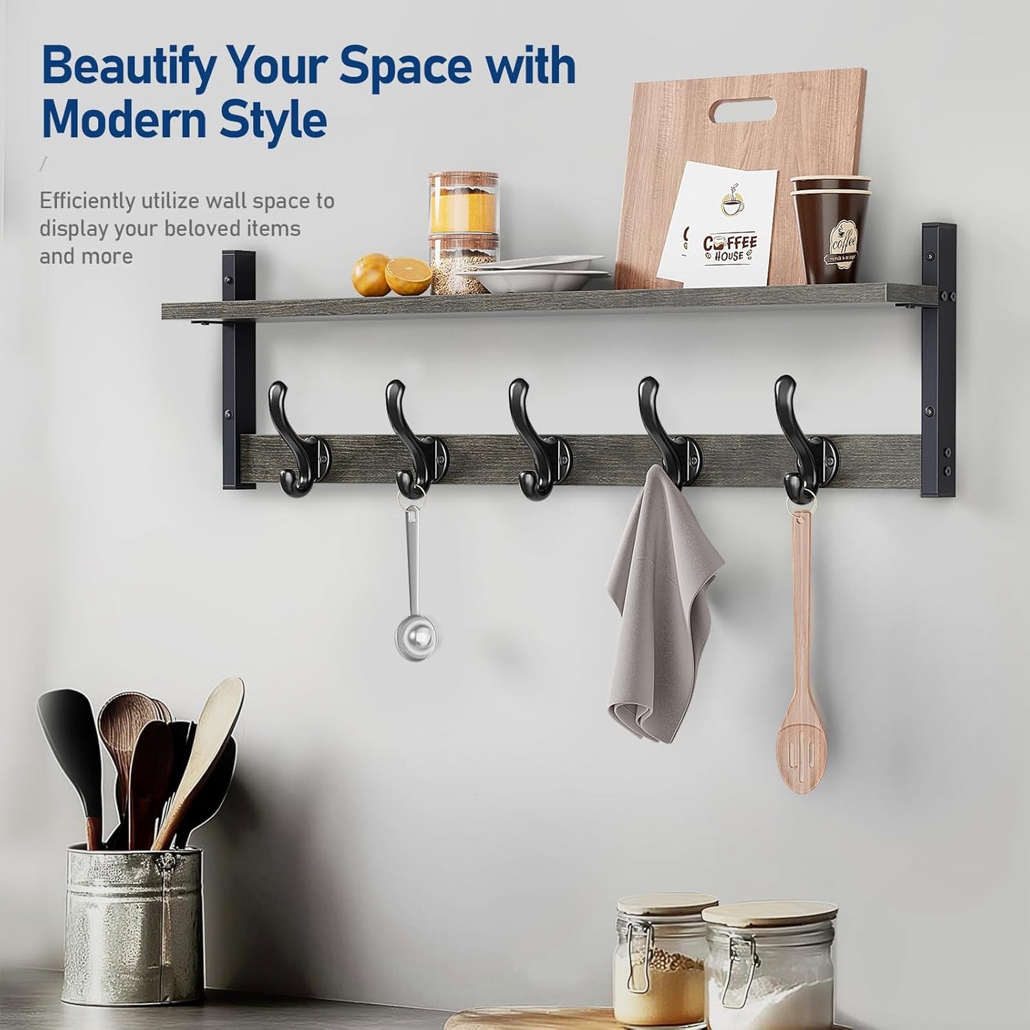 Tatub 29" Rustic Coat Rack Wall Mount with Shelf, Entryway Wall Hooks with Shelf, Coat Hangers for Bathroom, Living Room, Bedroom, Dark Grey