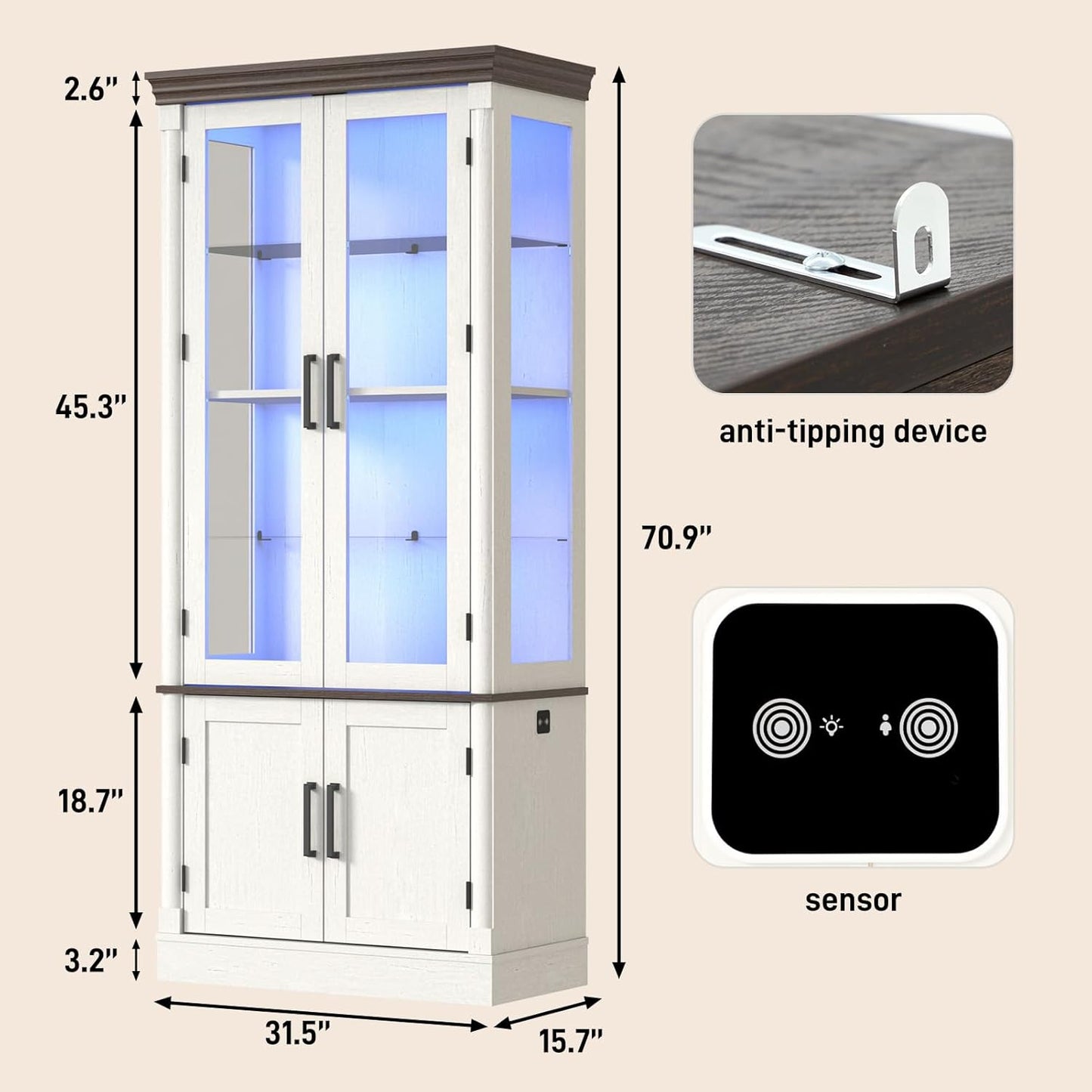 St.Mandyu 71" Tall Display Cabinet with Glass Doors, 4-Tier Lighted Curio Cabinets with 2 Storage Doors and Metal Handle for Living Room, Home, Kitchen, White