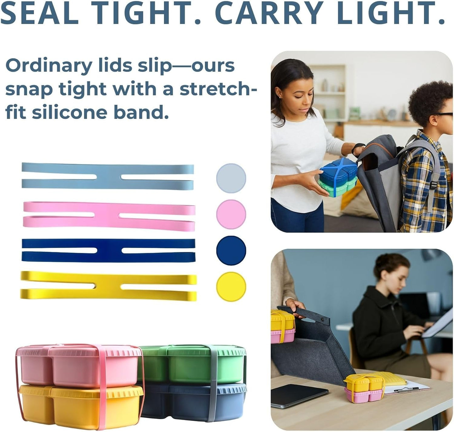 4 Pack Reusable Silicone Snack Containers with Lid, Strap, Spoon & Fork-2 Compartments Portable Mini Containers，Silicone Snack Storage Box for Picnic, Office, School(blue+green+pink+orange)