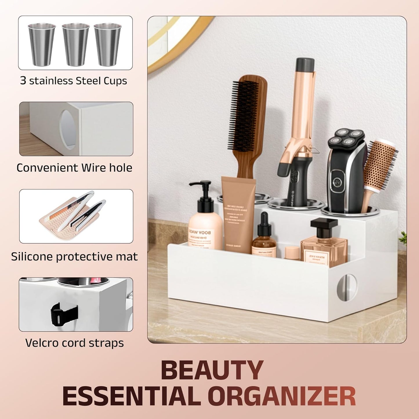 Casavita White Hair Tool Organizer with Heat-Resistant Mat - Durable Acrylic Makeup Organizer Countertop for Blow Dryers, Flat/Curling Irons, & Toiletries - Stainless Steel Cups, Cord Management