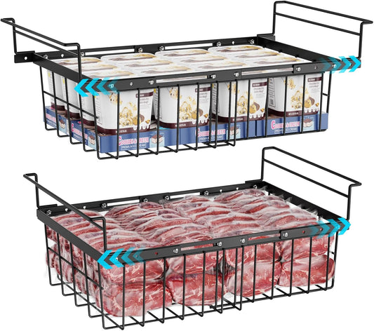 iSPECLE Large Chest Freezer Organizer Bins - 17.5" to 22.6" Expandable Length Baskets for Deep Freezer, Fit 10 to 20 Cu.FT, 2 Pack Adjustable Hanging Chest Freezer Basket, Black