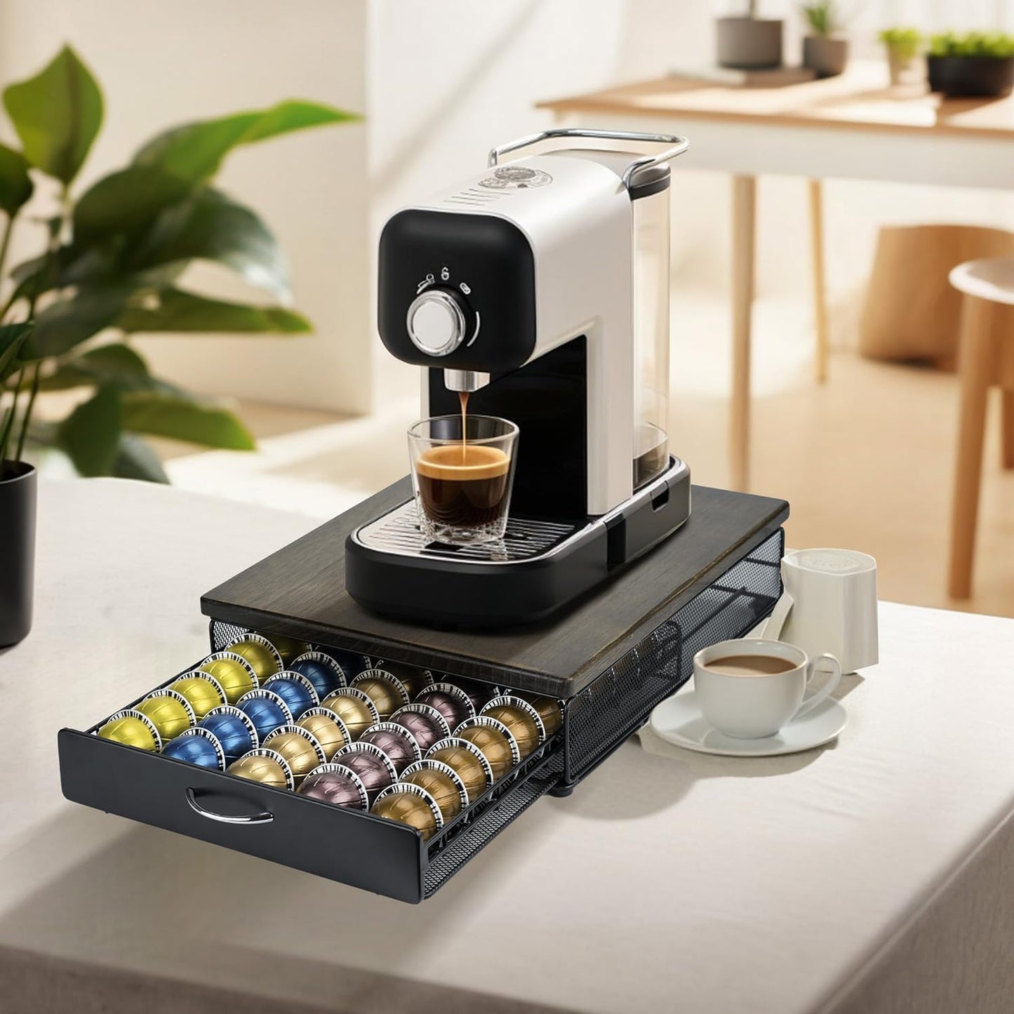 for Vertuo Coffee Capsule Storage Drawer Compatible with Nespresso Vertuoline Pods Holder Metal and Wood Top Organizer (can hold 50 Pods)