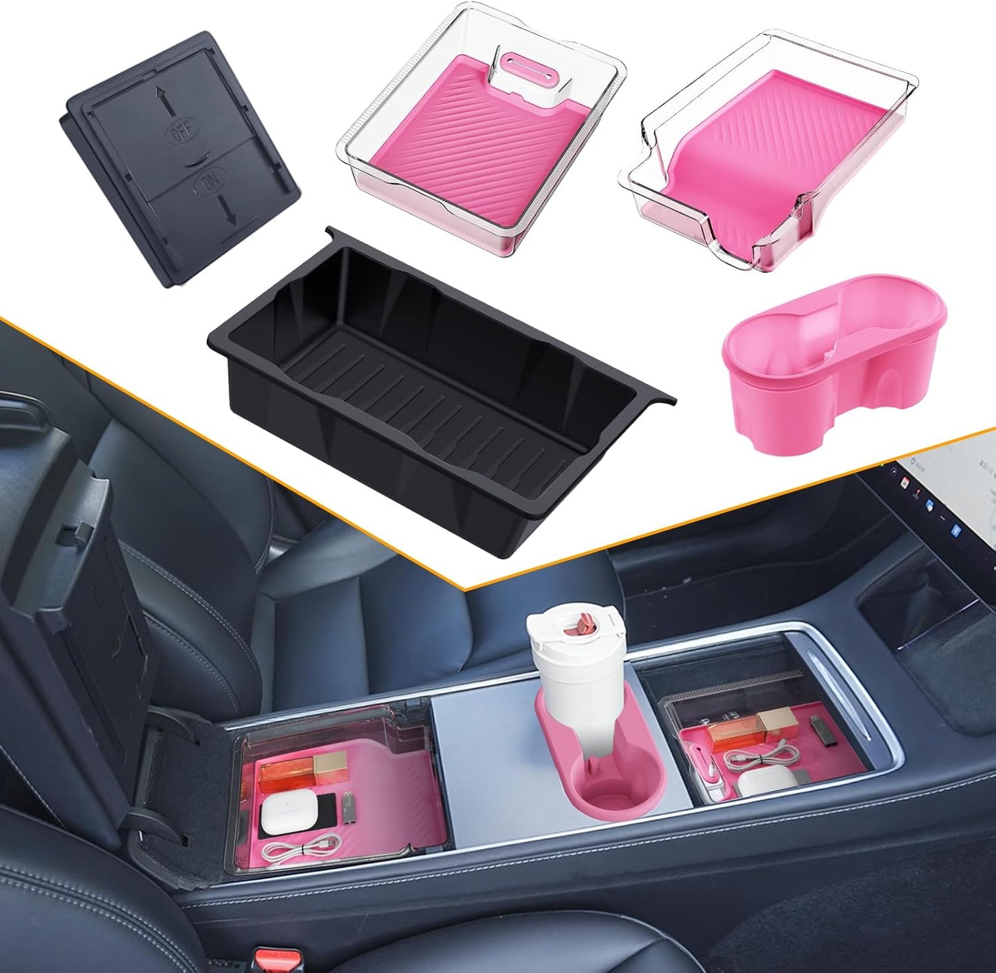 Center Console Organizer Tray 5PCS for Tesla Model Y Accessories 2024-2020(Not Fit Model Y Juniper), Armrest Storage Tray and Hidden Storage Box, Cup Holder Insert, Under Seat Storage Box