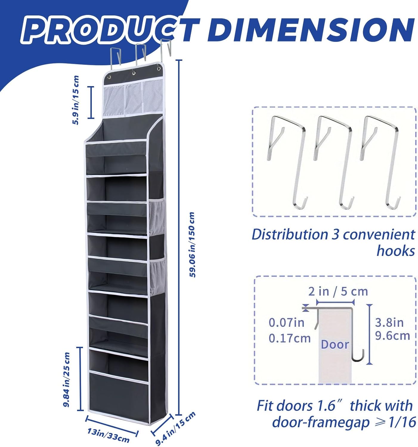 Over The Door Organizer 6 Tier with 12 Pockets & Reinforced Hooks - 59" Hanging Storage Organizer for Bathroom, Nursery, Pantry & Laundry (Deep Grey)