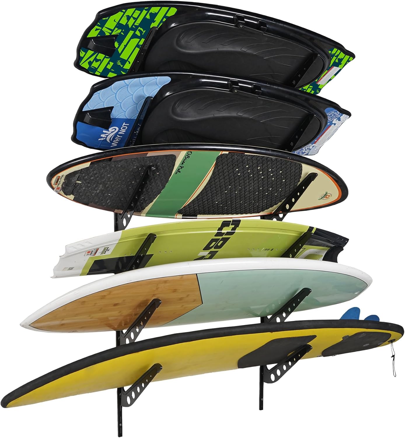 6 Board Surf Rack Wall Mount for Surfboard, Wakeboard, Snowboard Storage Adjustable Wall Hangers Boards Display