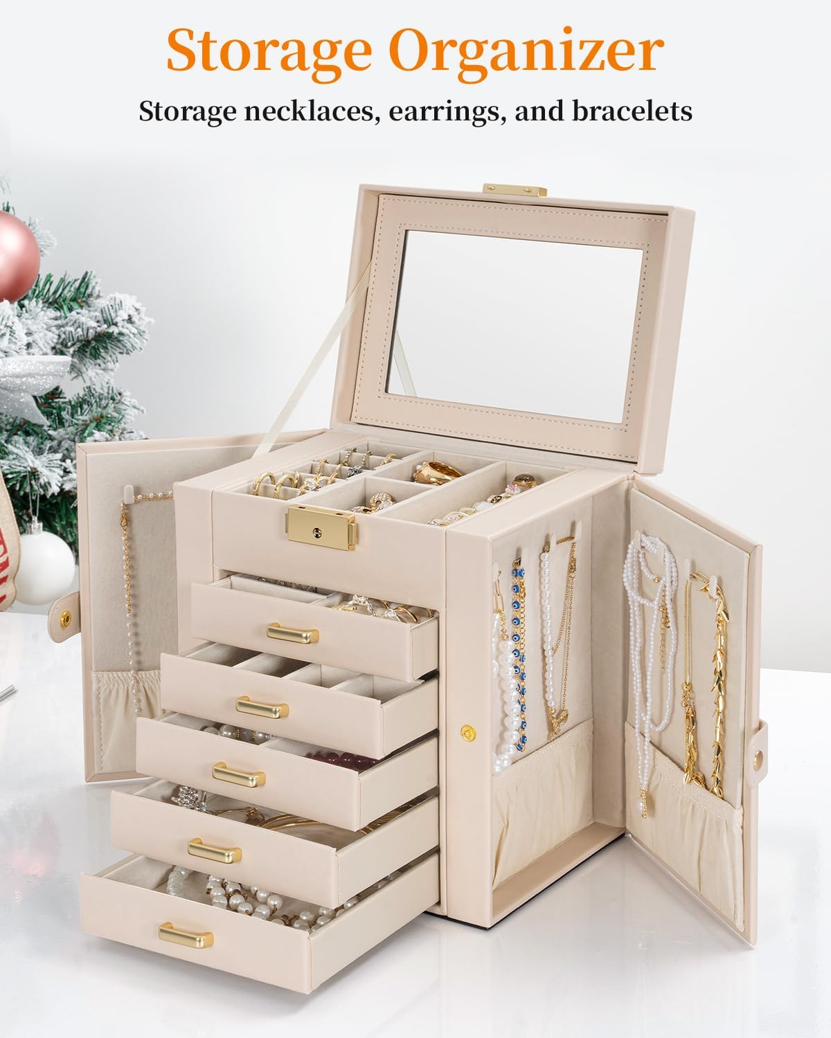 TORIBIO Large Jewelry Box for Women, Leather Jewelry Organizer with Mirror & Lock, 6-Tier Jewelry Storage Case for Girls/Women/Mothers, Necklace Earring Bracelets Holder Organizer