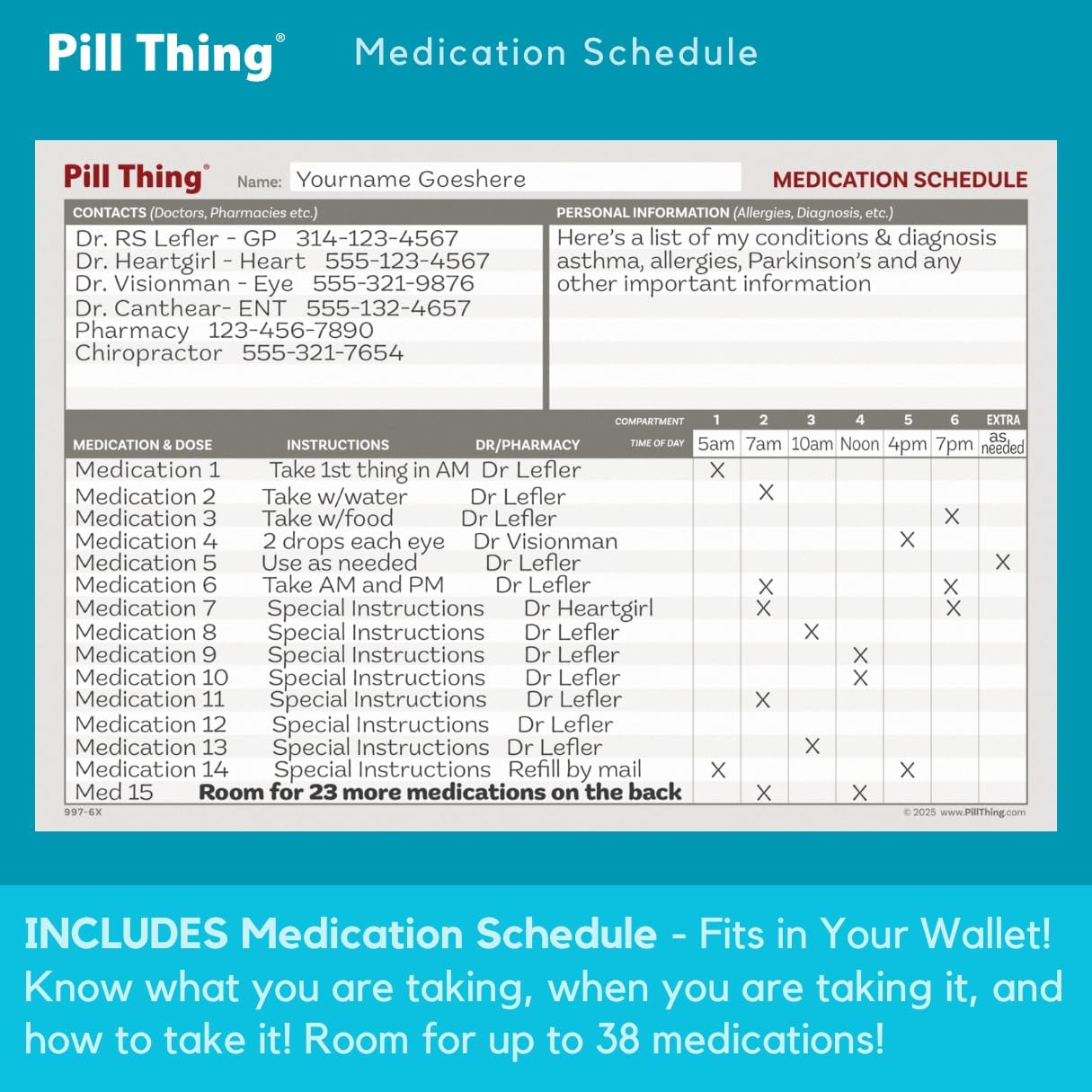 6 Times a Day Weekly Pill Box Organizer Case, Secure 7X Pillbox with Medication Schedule (6 Time-a-Day)