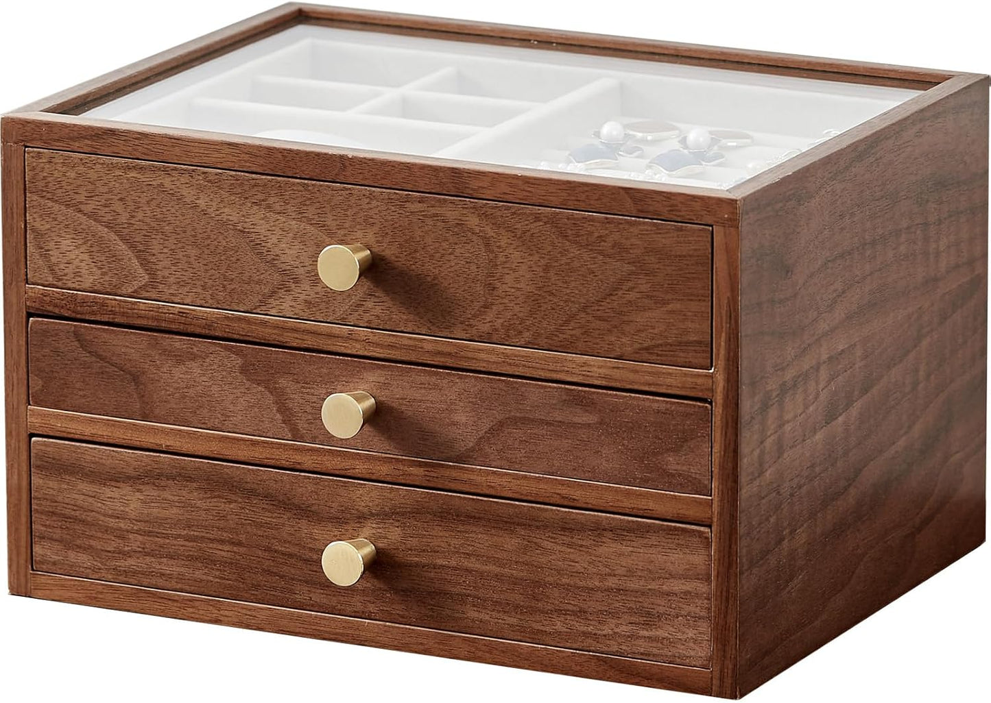 CHOSIN Black Walnut Wooden Jewelry Box for Women, 3-Layer Wood Jewelry Organizer with Glass Lid for Watches, Necklaces, Rings & Earrings Storage Christmas Gifts