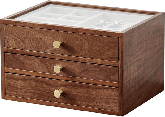 CHOSIN Black Walnut Wooden Jewelry Box for Women, 3-Layer Wood Jewelry Organizer with Glass Lid for Watches, Necklaces, Rings & Earrings Storage Christmas Gifts