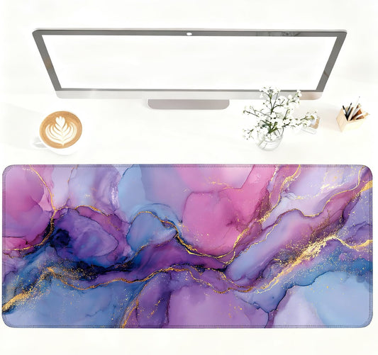 Purple Marble Ink Mouse Pad – Large Extended Desk Mat 35.43 x 15.75 in – Alcohol Ink Watercolor with Gold Vein Design, Non-Slip Base, Waterproof Surface, Aesthetic Keyboard & Mouse Pad