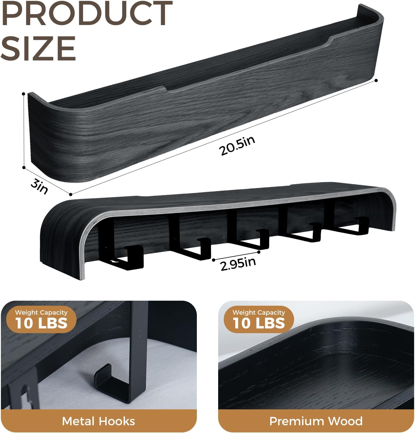 Wall Coat Rack Floating Shelves Modern Coat Rack Wall Mount with Storage Entryway Shelf Wooden Hanger 20 Inch 4 Hidden Metal Hooks for Living Room Bedroom (Black, 5 Hooks)