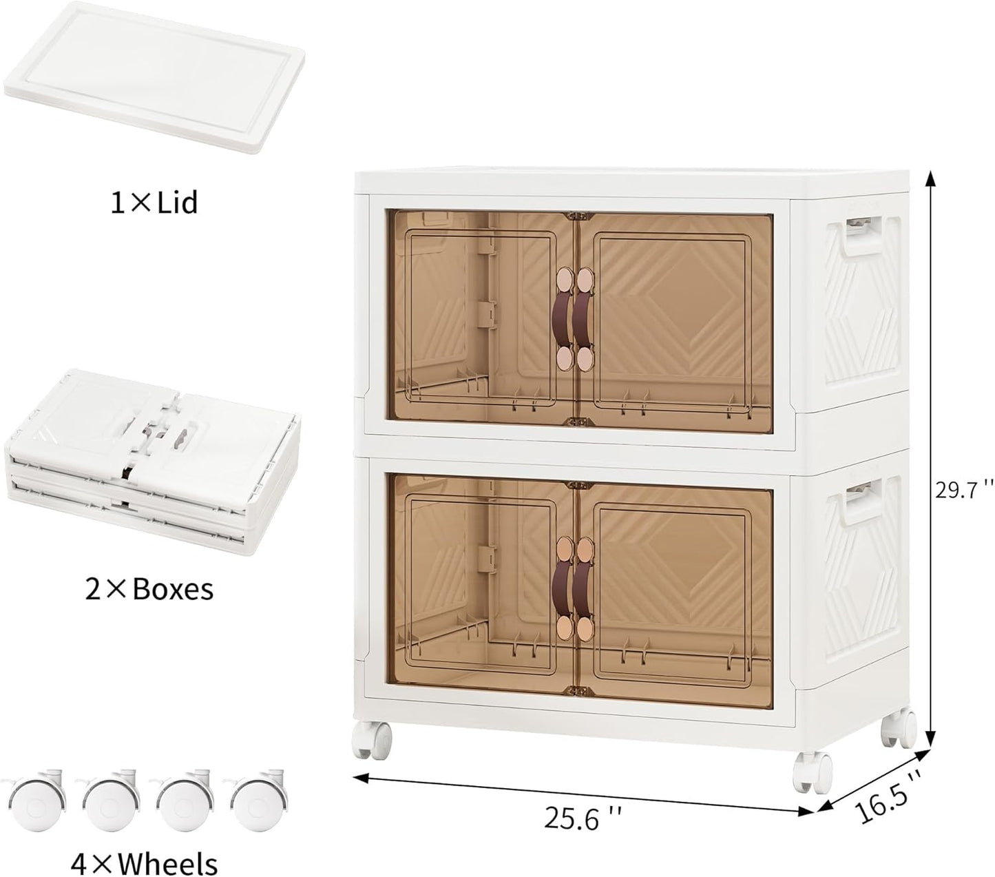 Storage Bins with Lids and Wheels, Collapsible Bathroom Storage Cabinet with Clear Doors, Plastic Stackable Closet Organizers and Storage Containers White 199 QT