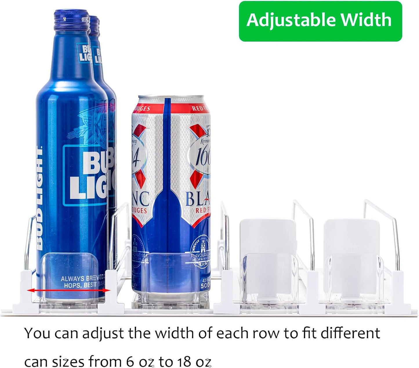 Rula Drink Organizer for Fridge, Self-Pushing Soda Can Dispenser for Mini Refrigerator, Width Adjustable Water Bottle Pusher Glide, White, 4 Rows,12.2” D