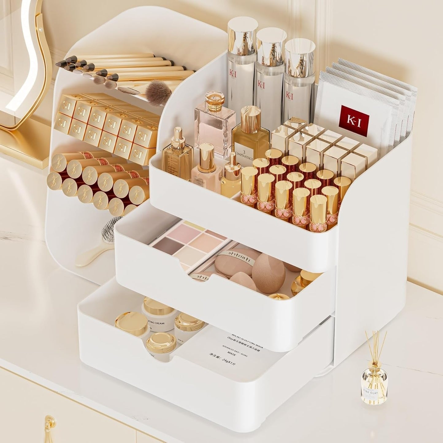 Makeup Organizer with Drawers,Large Capacity Countertop Organizer for Vanity,Bathroom and Bedroom Desk Cosmetics Organizer,Easy To Storage Skincare,Brushes, Eyeshadow,Lipstick (All White, Large)