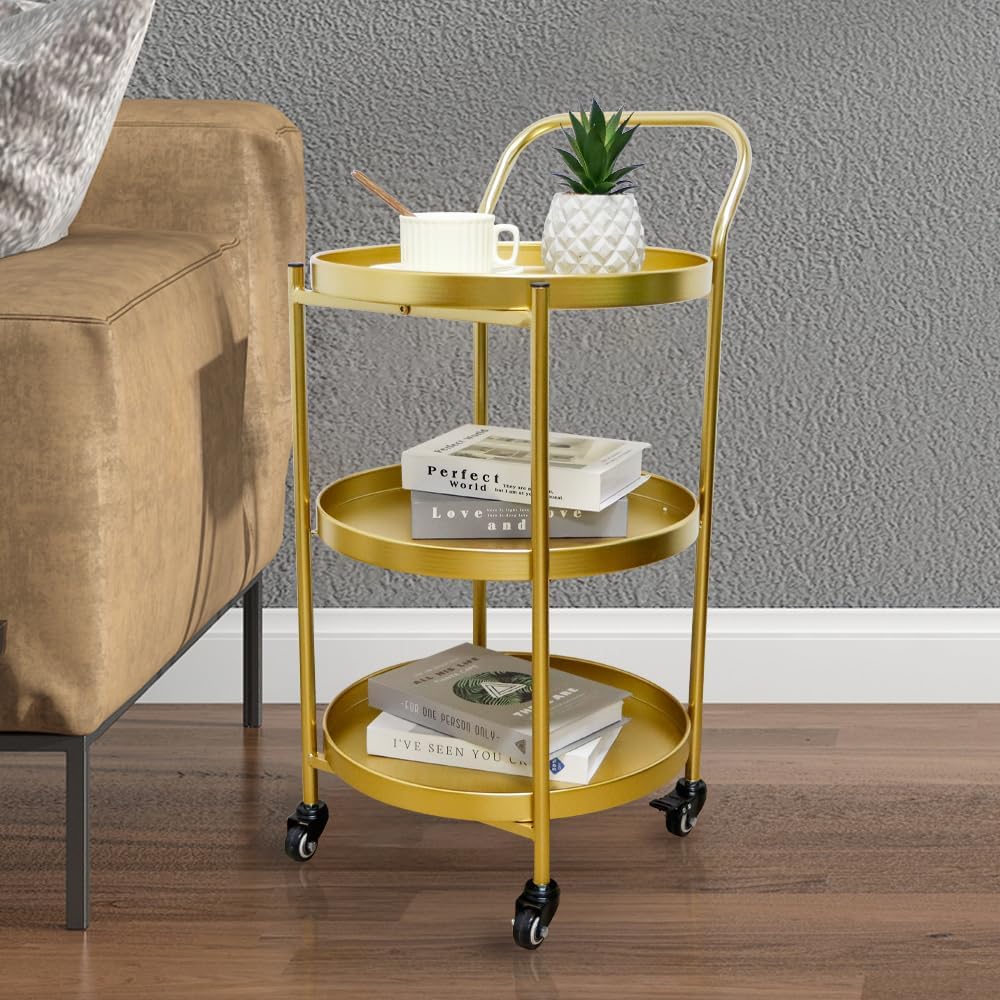TRIROCKS 18 * 31" H Round Gold 3-Tier Rolling Bar Cart with Wheels Elegant Metal Frame Serving Cart for Kitchen, Dining Room, or Living Room Display and Storage