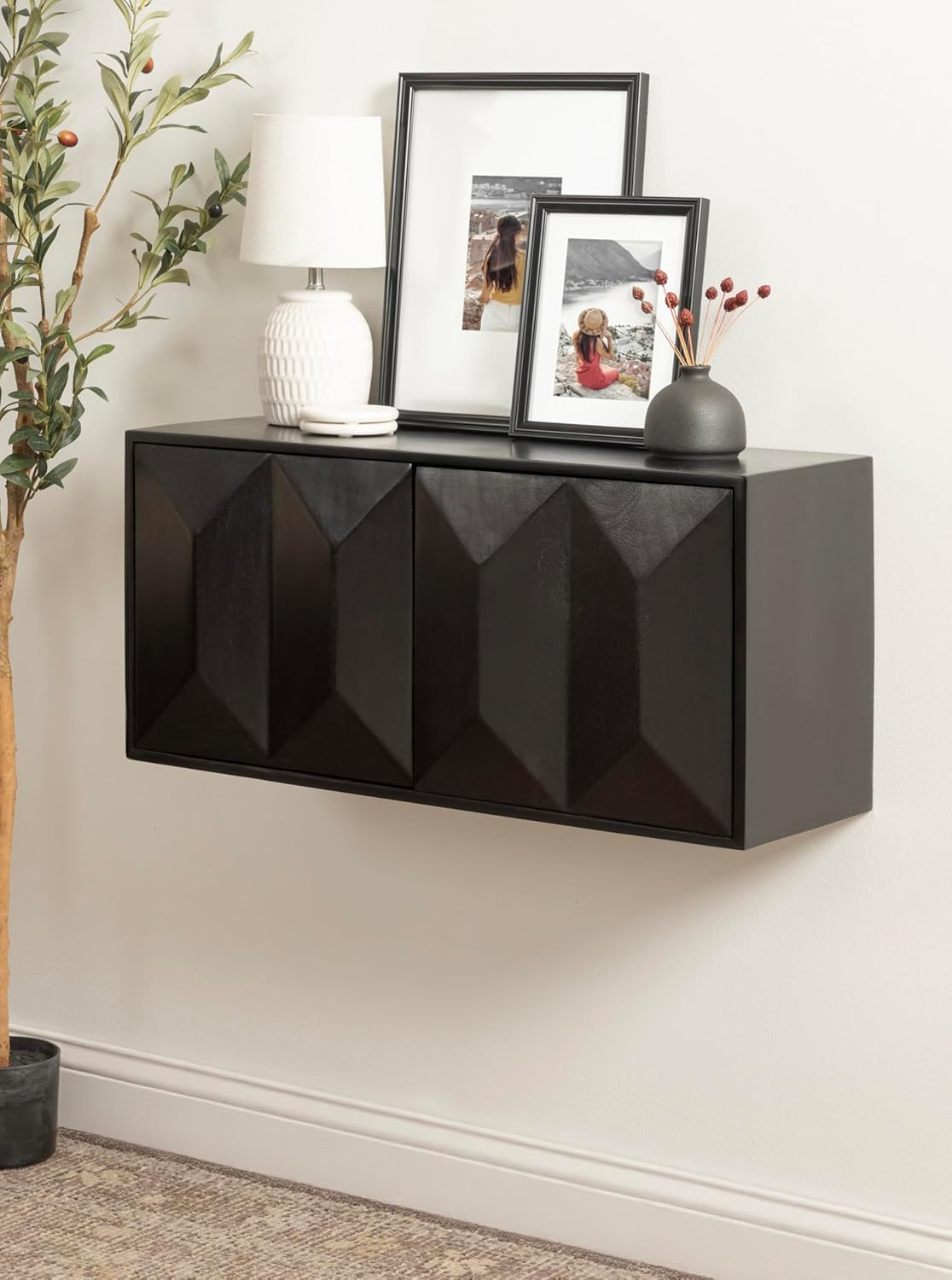 Kate and Laurel Ranier Modern Wooden Two-Door Wall Cabinet, 30 x 10 x 14, Black, Decorative Storage Cabinet with Dimensional Face for Use as Floating Nightstand or Floating TV Shelf