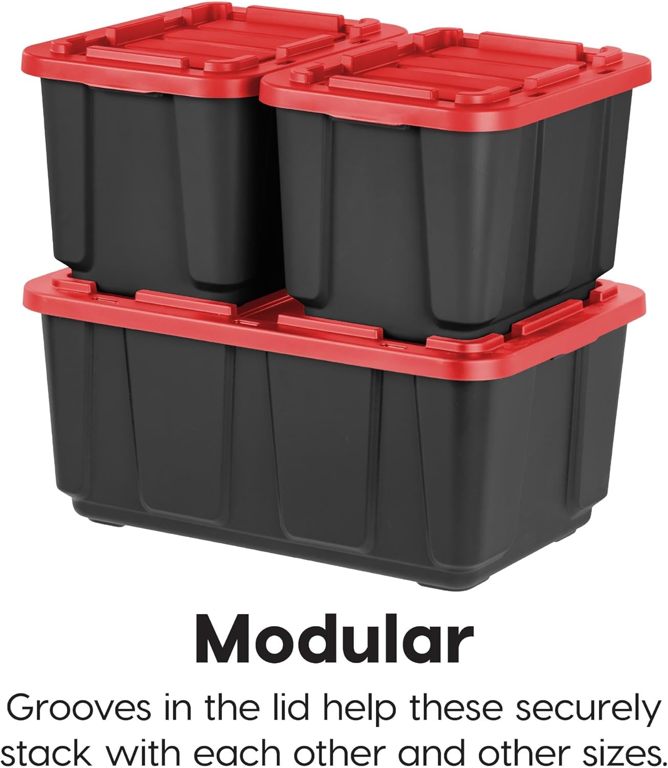 IRIS USA 12 Gallon Heavy Duty Truck Bed Toolbox Storage Tote Bins with Lids, 4 Pack - Made in USA, Tough Snap On Lockable Lid Stackable Industrial Rugged Tubs, Garage Organization Box - Red