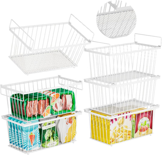 Enhanced Leak-Proof Bottom - Freezer Organizer Bins ，6 Pack Stackable Deep Freezer Organizer Bins for 7 Cu.FT Small Chest Freezer，Easy Get Bottom Foods without Digging