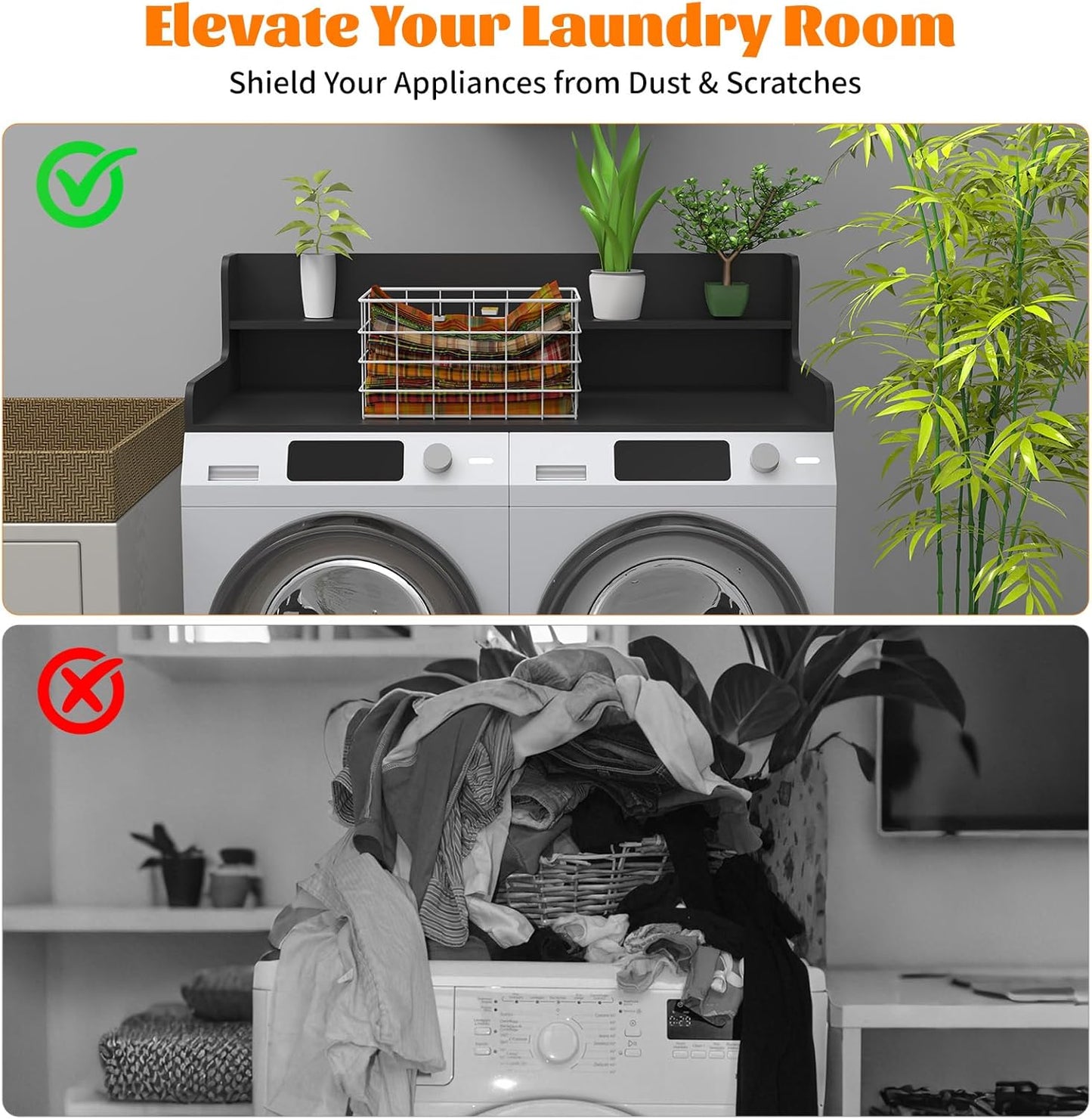 2-Tier Washer Dryer Countertop, Wood Laundry Countertop with Edge, 54" x 27.5" Top Cover for Laundry Machine, Washer and Dryer Wood Shelf Topper for Laundry Room Counter Storage Organization, Black