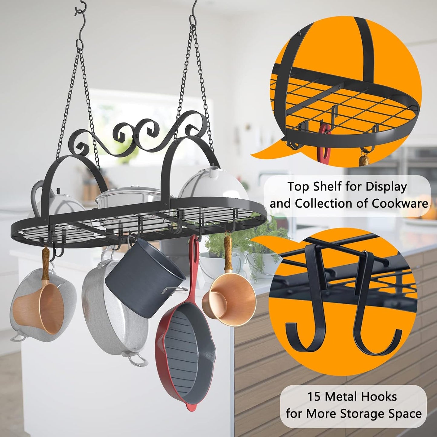 33" Pots and Pans Hanging Rack, Heavy-duty Metal Pan Rack Hanger Organizer with Hooks, Hanging Pot Rack Ceiling Mount for Kitchen Cookware Utensils Toiletries