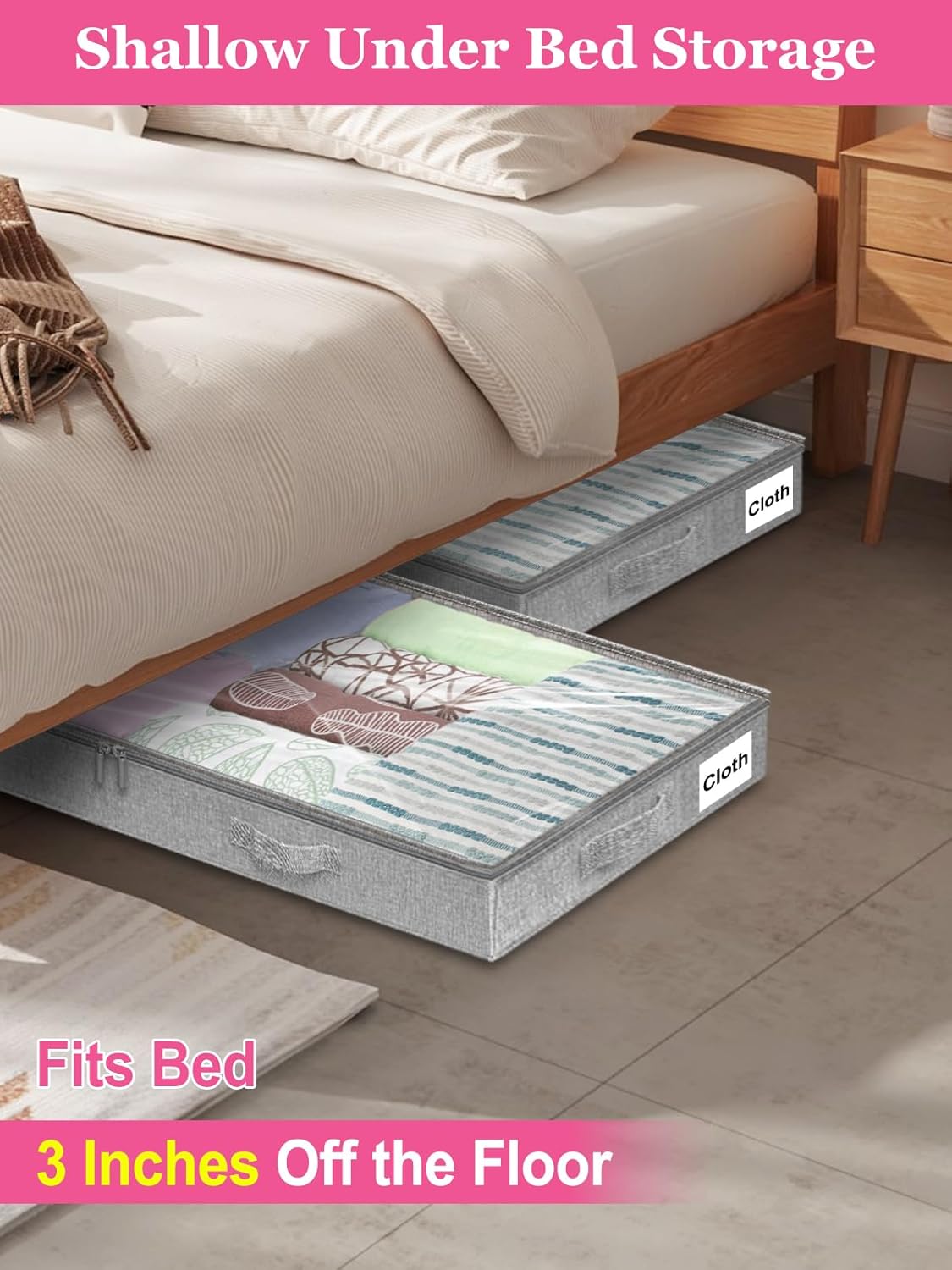 Low Profile Under Bed Storage, 3 Inches High Underbed Storage Containers Bins, NO STRUCTURE, Foldable Clothes Storage and Organizer with Lid & Zipper, Shallow Storage for Low Bed Couch Crib, 2-Pack