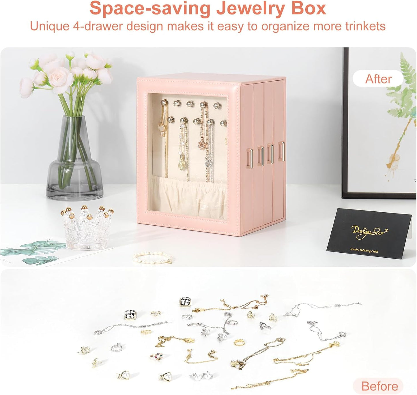 DesignSter Jewelry Box Organizer, Jewelry Box for Women, PU Jewelry Organizer Display Case with Side Drawers, Jewelry Storage for Earring Necklace Ring Bracelet Watch