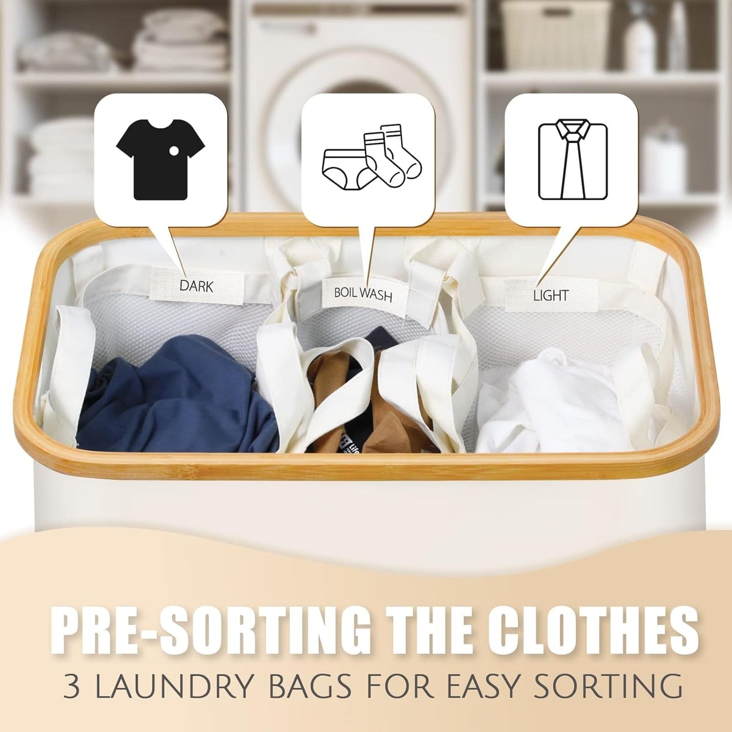 Extra Large 3 Section Dirty Clothes Laundry Basket with Lid, Dirty Clothes Hampers with Removable Bags for Bedroom and Laundry Room, Beige