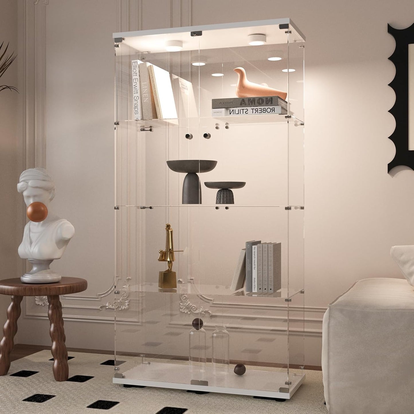 Beauty4U Glass Display Cabinet with LED Light, 4 Shelves with 2 Doors, Curio Cabinets for Living Room, Bedroom, Office, White Floor Standing Glass Bookshelf, Quick Installation