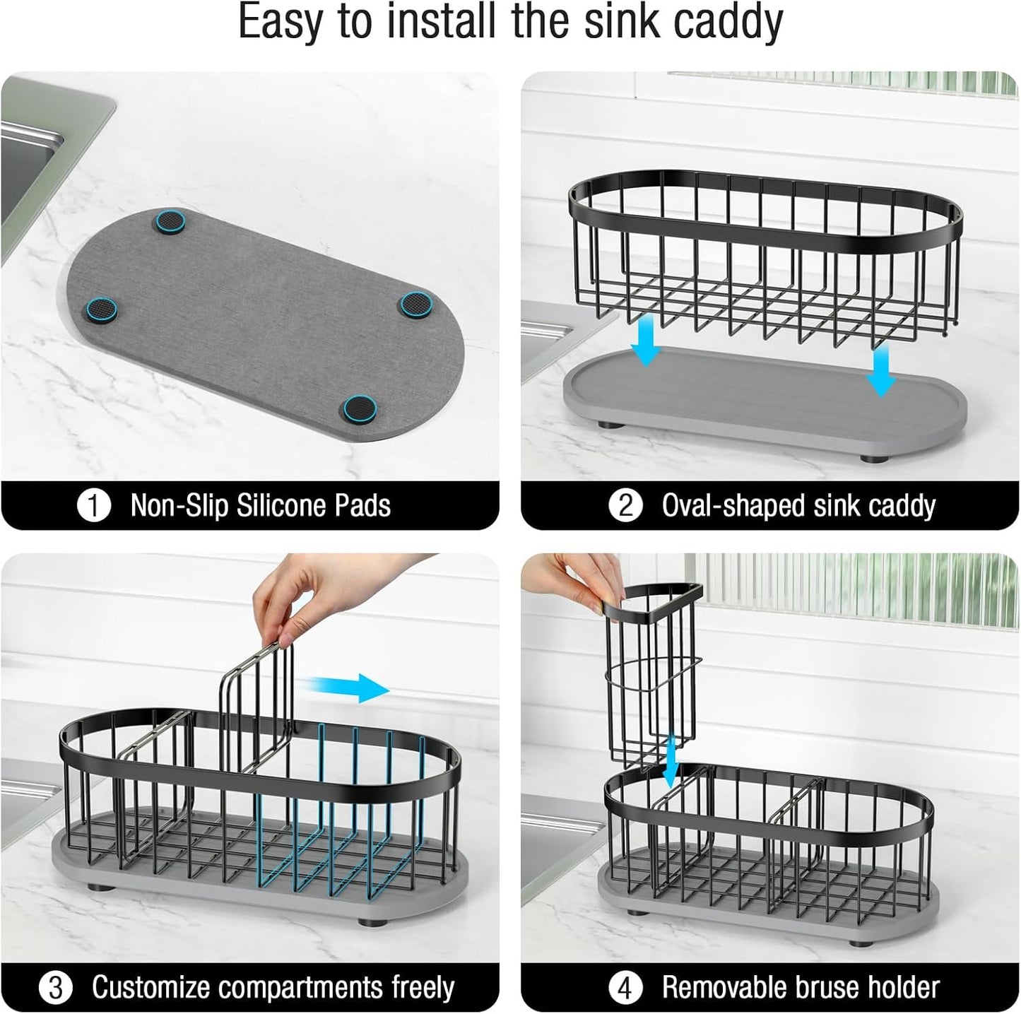 Kitchen Sink Organizer with Sponge Holder & Brush Holder - Drain-Free Non-Slip Base, 2.6mm Stainless Steel with Black Rust-Resistant Coating - Easy Install & Clean Kitchen Sink Caddy