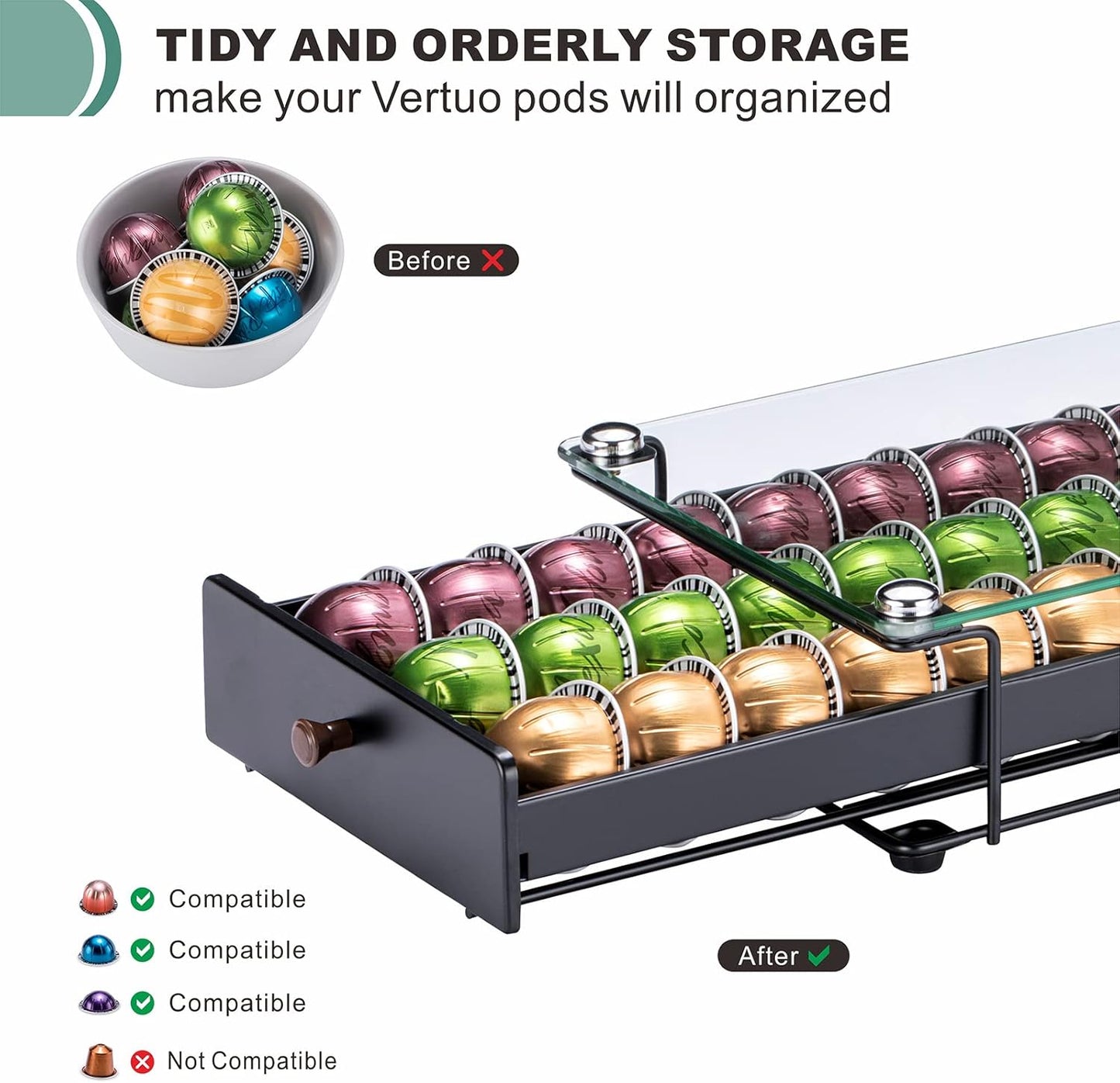 ZCDCP Nespresso Vertuo Pod Holder Coffee Capsule Holder Drawer Black 30 Pods