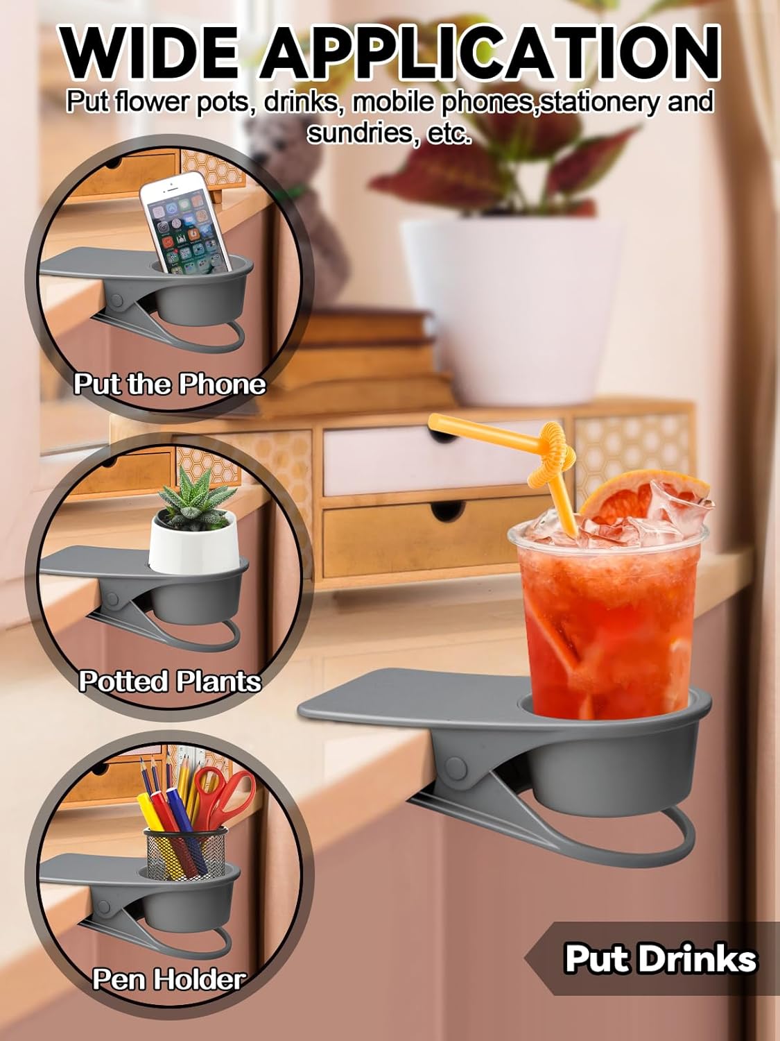 1PCS Drinking Cup Holder, Kalolary Desk Bottle Cup Stand DIY Glass Clamp Storage Saucer Clip Water Coffee Mug Holder Saucer Clip Design for Home & Office, Grey