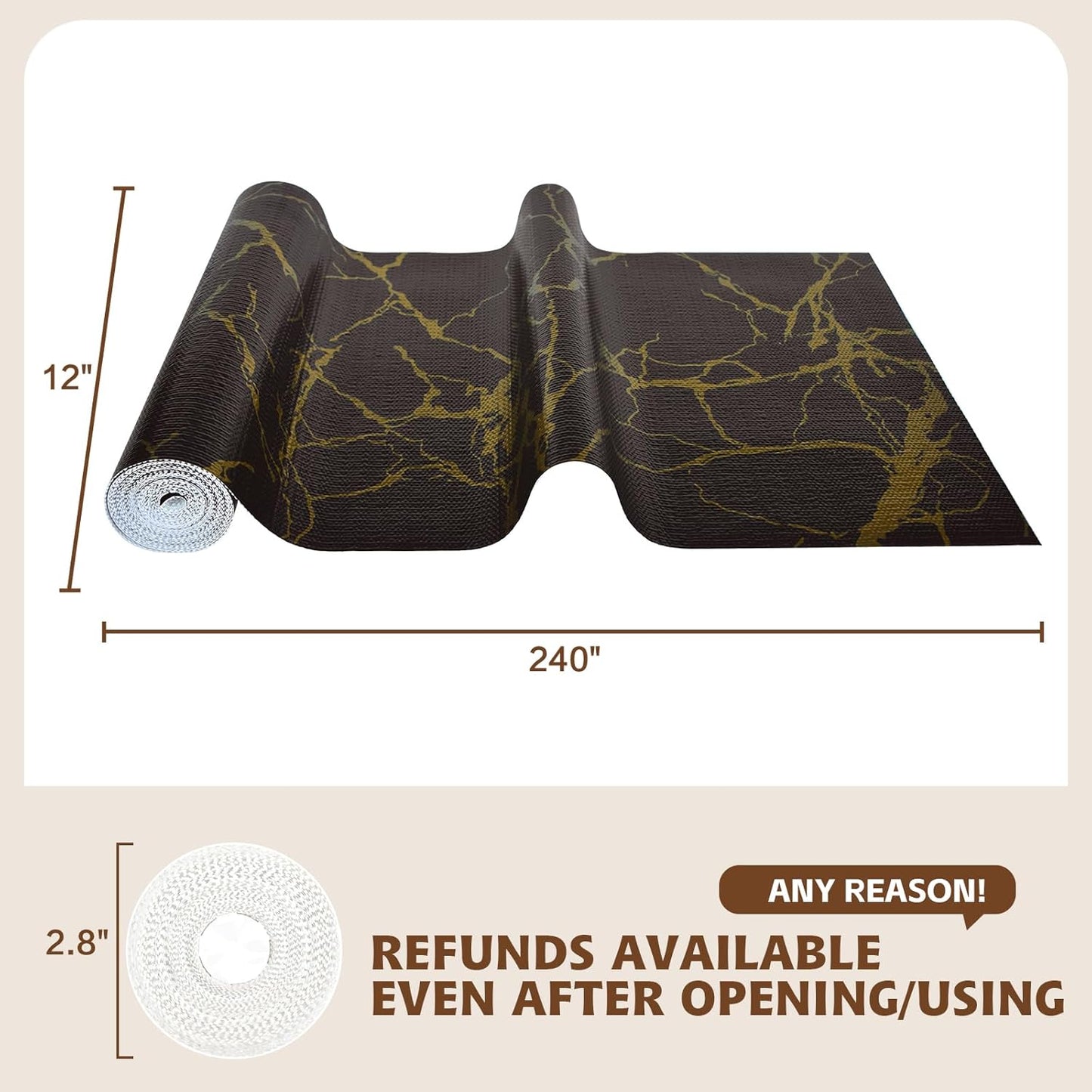2-Layer Drawer and Shelf Liner for Kitchen Cabinet: 12in X 20Ft Non Slip Waterproof Shelf Paper Non Adhesive Refrigerator Liners Black/Gold Marble Easy Liners for Bathroom with Knife Tape Measure