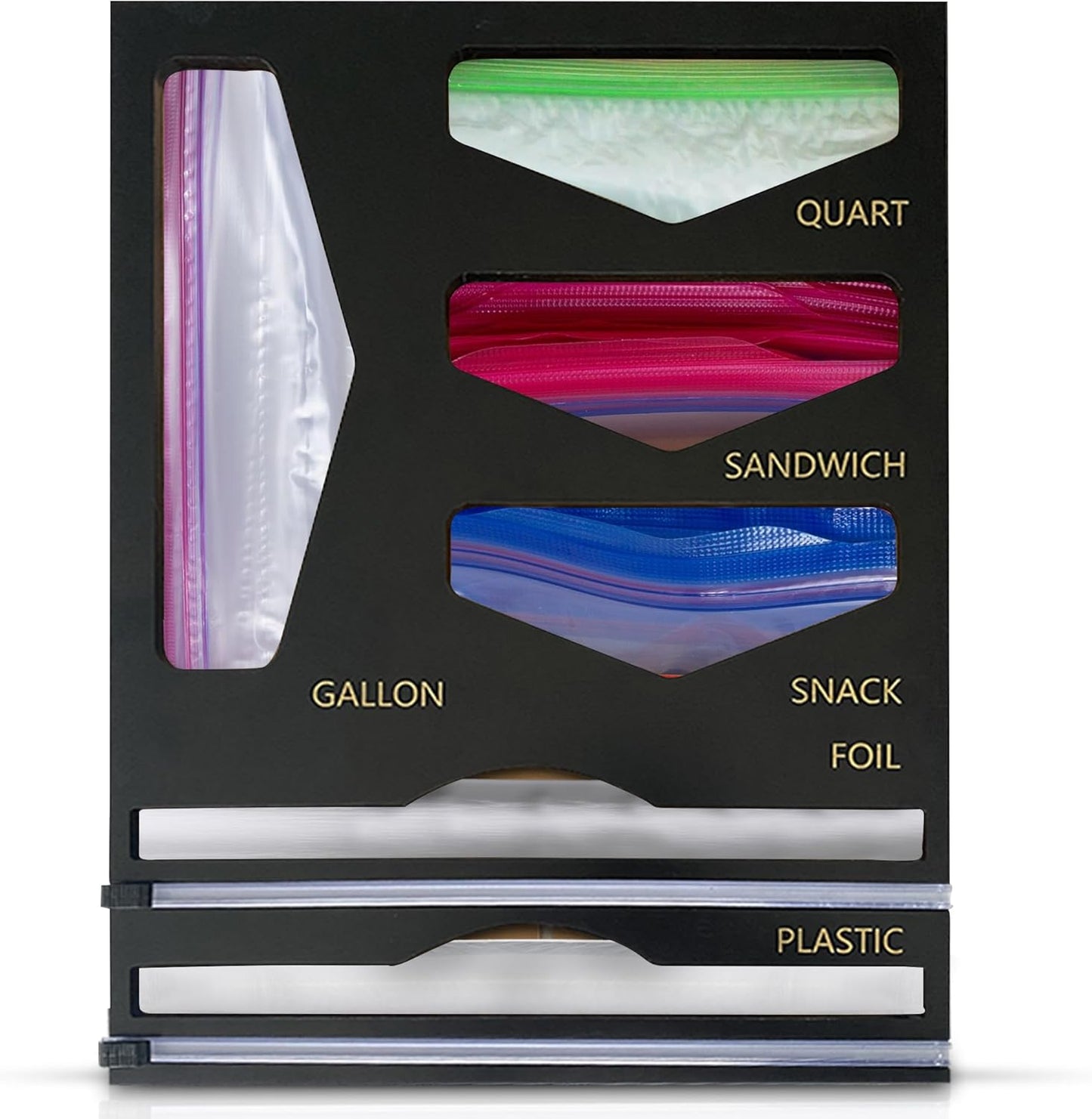 6-in-1 Bamboo Food Storage Bag Organizer for Drawer – Holds Gallon, Quart, Sandwich, Snack Bags & 12" Foil or Plastic Rolls - Plastic Bag Organizer with Wrap Dispenser & Built-In Cutter, Black