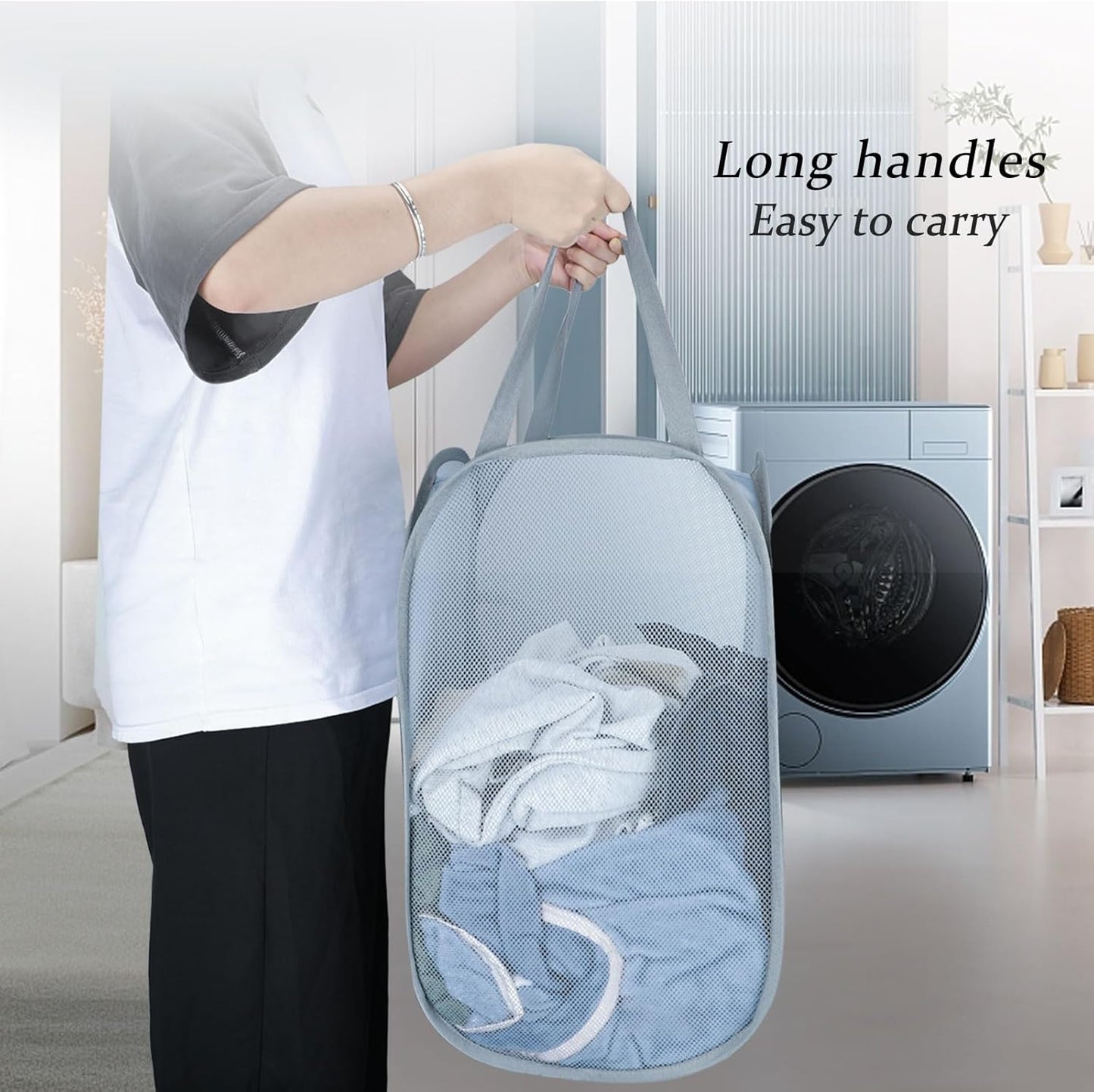 Upgraded 100L Extra Large Collapsible Laundry Hampers. Pop Up Laundry Basket Mesh with Pocket, Fold Compact, Large Hold Portable Travel Laundry Bag for Dorm Storage Bin, Grey. V