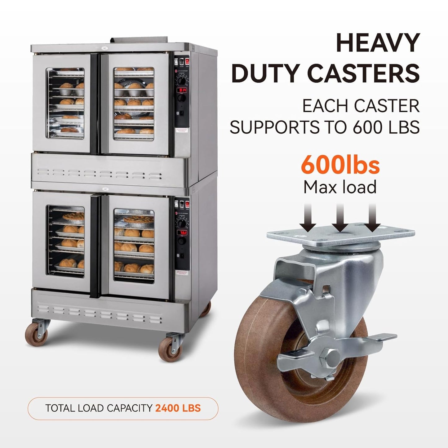 4" Hi-Temp Glass FiIled Nylon Casters, Heavy Duty Casters Set of 4, Industrial Caster Wheels for Commercial Kitchen, Bakery - 2400 lbs Capacity(2 Swivel & 2 Brake)