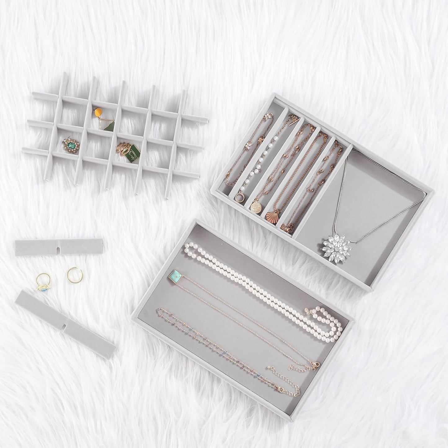 ProCase Stackable Jewelry Organizer Trays for Drawers, Jewelry Drawer Inserts Container Display Case Storage for Earring Necklace Rings Bracelet with Removable Dividers -Grey, 6 Layers