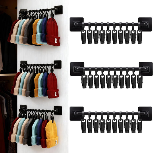 3 Pcs Beanie Holder Organizer for Door Knitted Hat Display Rack Wall Mounted Hat Storage with 30 Movable Clips Cap for Door Closet Wall Bedroom Entryway Storage