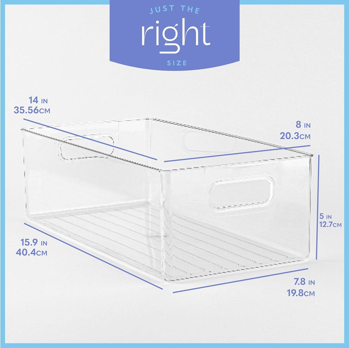 primebox Plastic Food Storage Clear Container Bin with Handles for Organizing Kitchen, Pantry, Refrigerator, Freezer, Pantry, Cabinet, Closet, Bathroom. 14”x8”x5”
