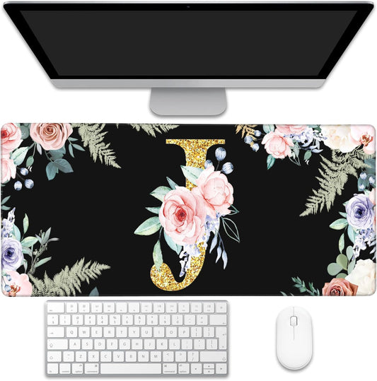 Desk Mat, Flower Golden Letters J Extended Gaming Mouse Pad Large, 35.4"x15.7" Big Mouse Pad with Non-Slip Base and Stitched Edge, Long Computer Keyboard Mouse Mat for Home Office Work