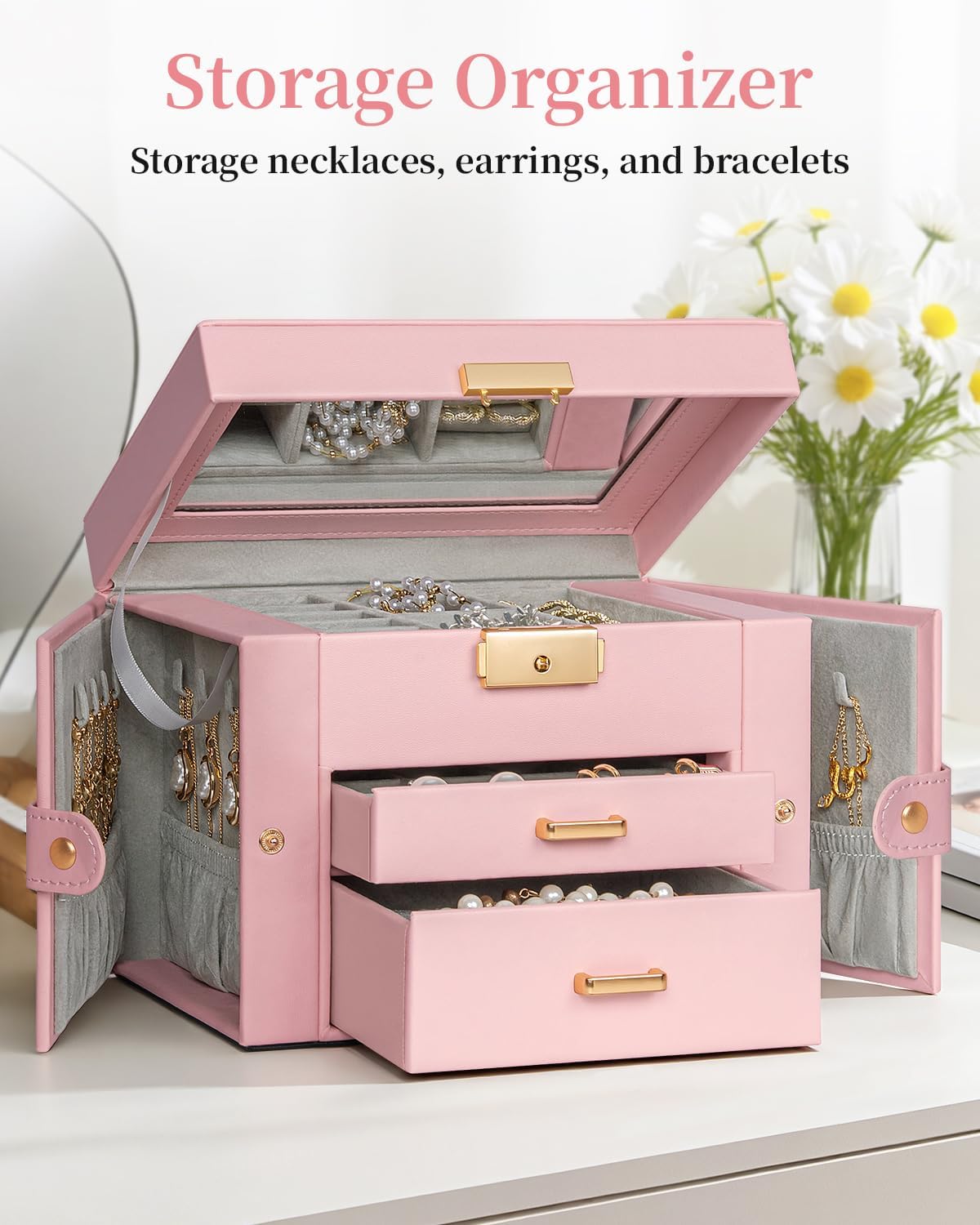 TORIBIO Jewelry Box for Women, Leather Jewelry Organizer with Mirror & Lock, 3-Tier Jewelry Storage Organizer with 2 Drawers for Girls/Women/Mothers, Necklace Earring Bracelets Holder Organizer