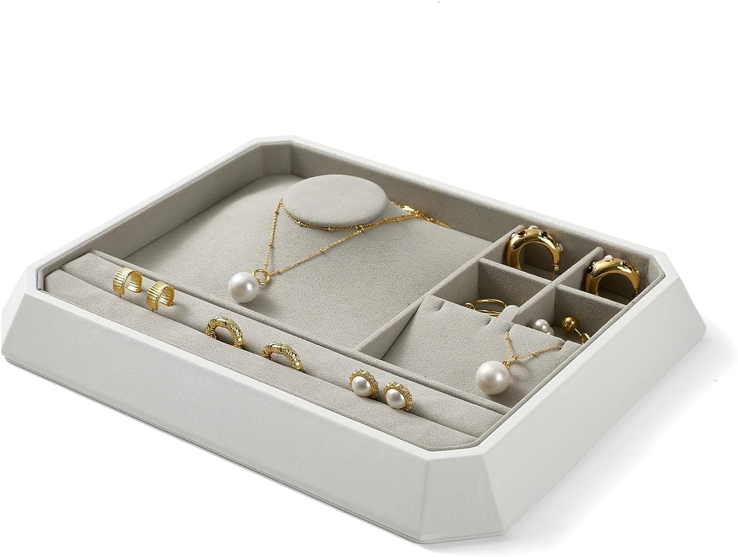 PU Leather Multifunctional Jewelry Display Tray Stackable Jewelry Organizer Tray for Accessory Trade showcase(Grey)