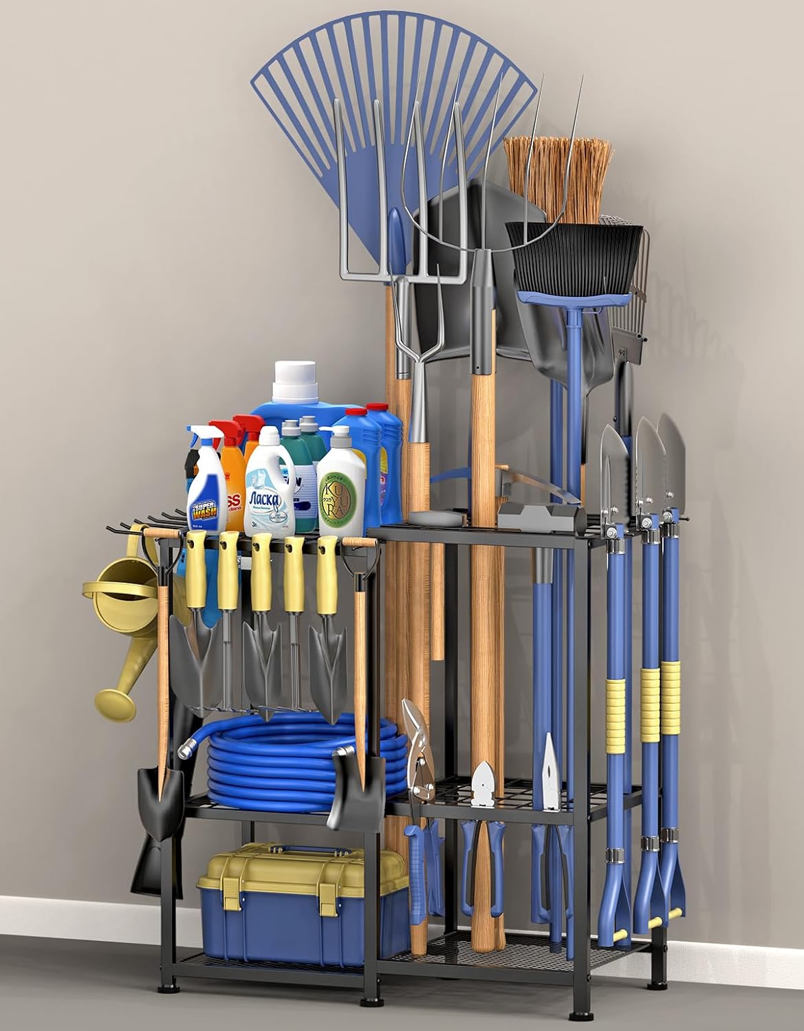 Garden Tool Organizer, Metal Yard Tool Organizer,Holds 70 Long-Handled Tools/Rakes/Brooms,Side Garden Pocket,Heavy Duty Steel Yard Tool Storage Rack for Garage,Shed, Outdoor(Black-Large)